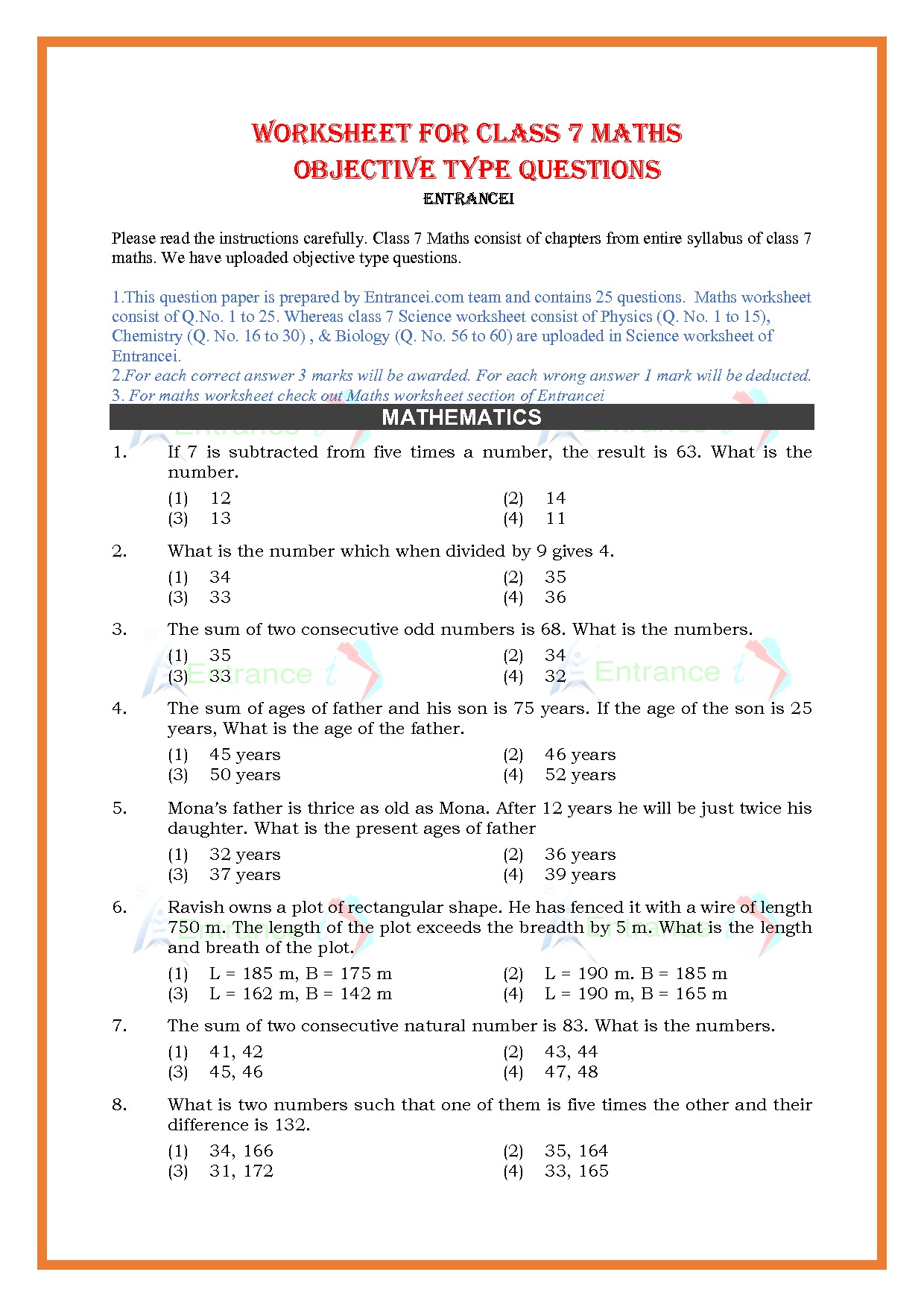 class 7 maths worksheet 7 with answer key entrancei