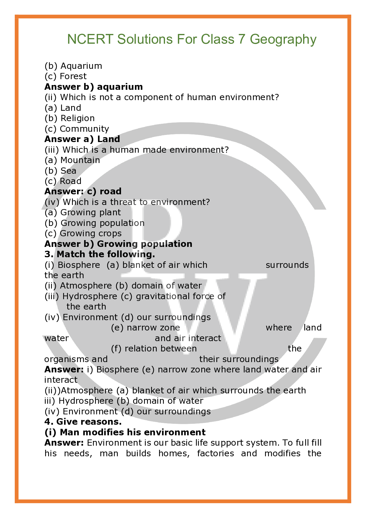 NCERT Solutions for Class 7 Geography Chapter 1 Environment PW