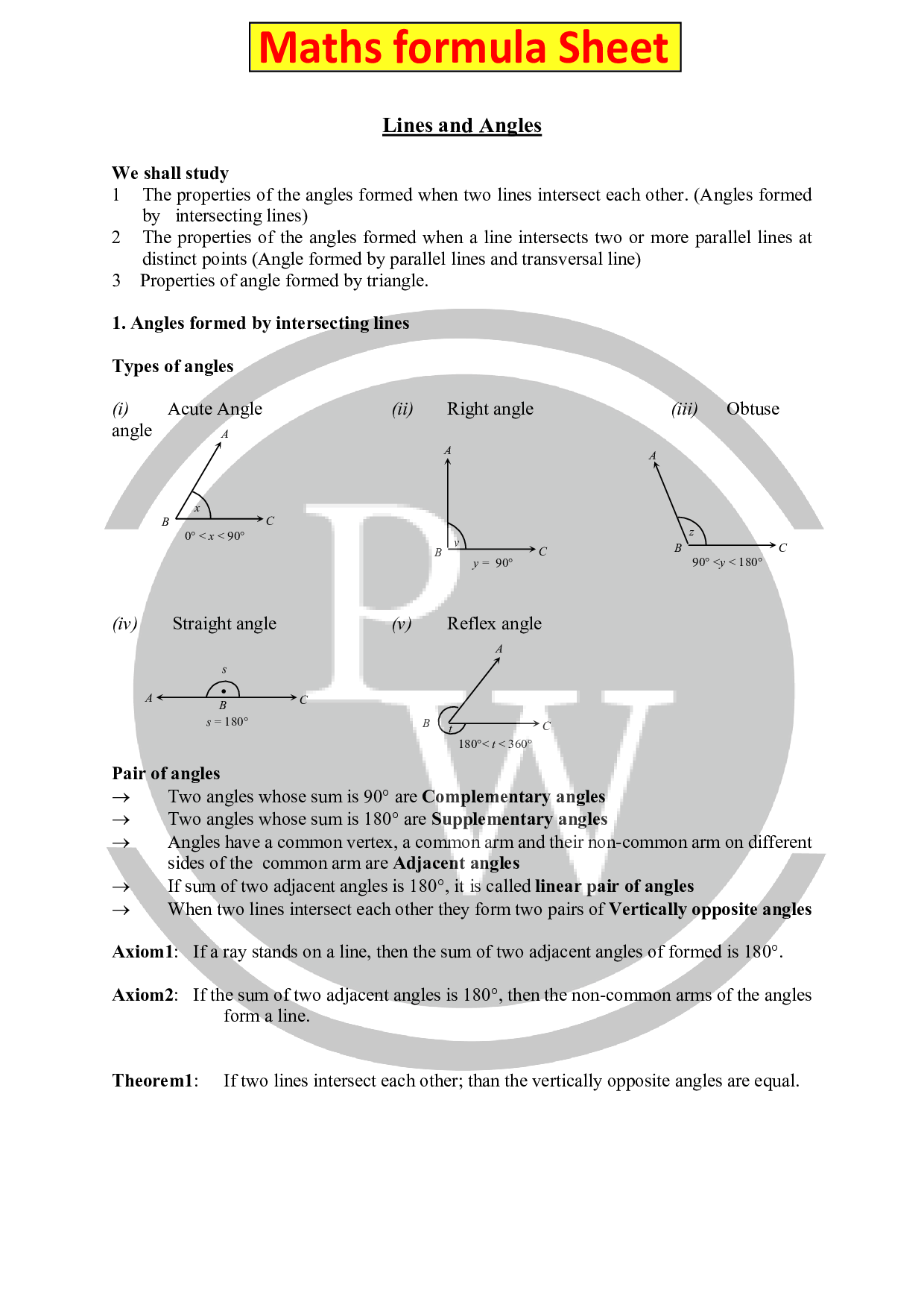 chapter Lines and Angles Formula of Maths formulas for class 9