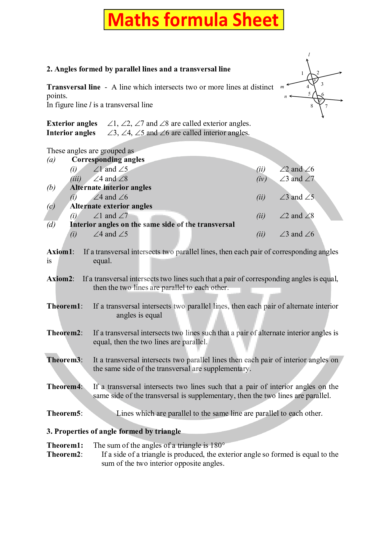 chapter Lines and Angles Formula of Maths formulas for class 9