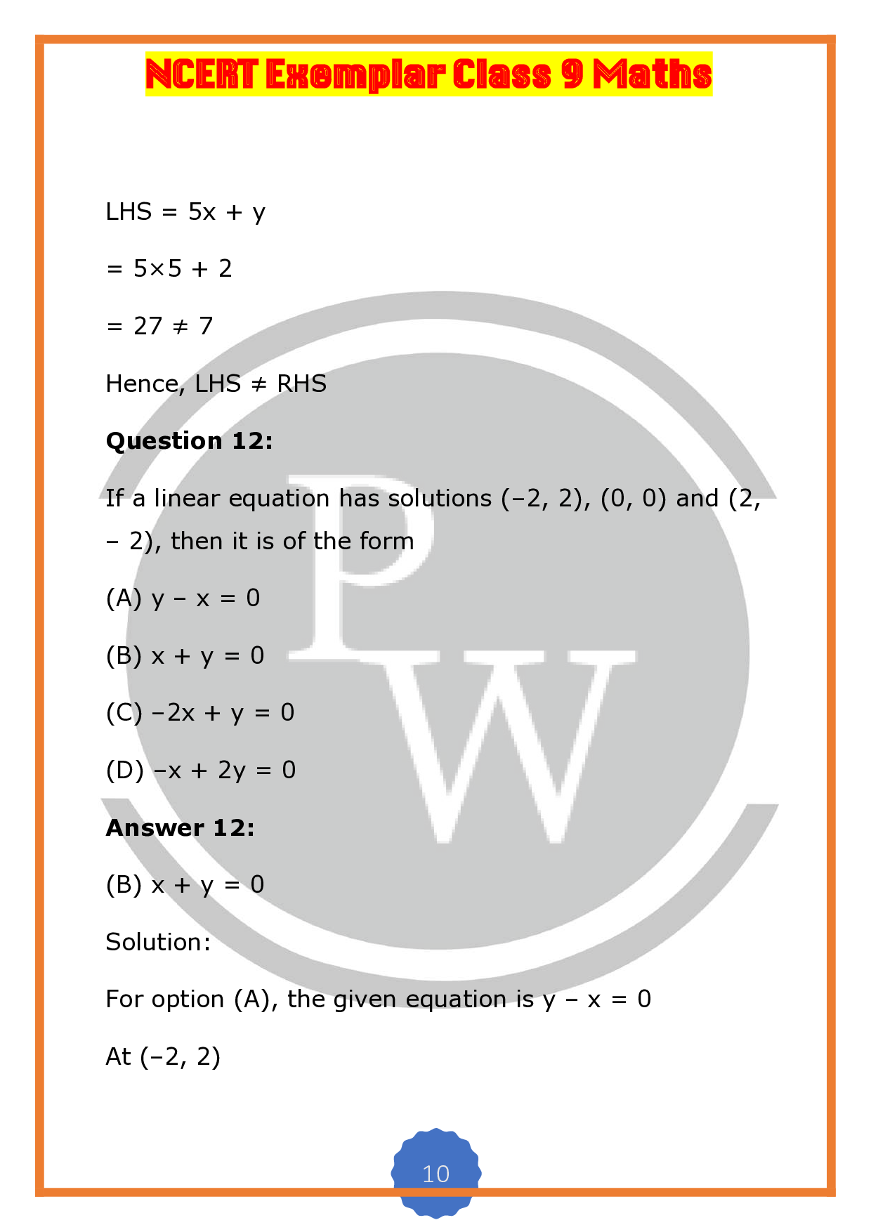 NCERT ExemplarLinear Equations in Two Variables Solutions PW