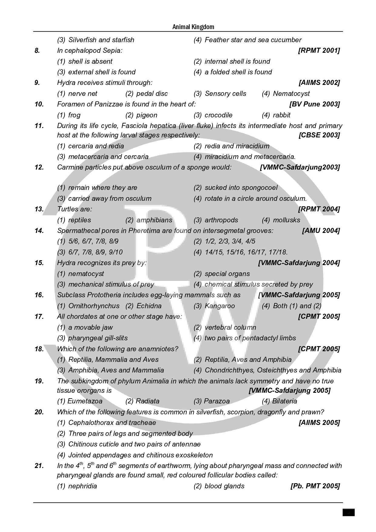 Animal kingdom NEET MCQ For Biology Solve Now