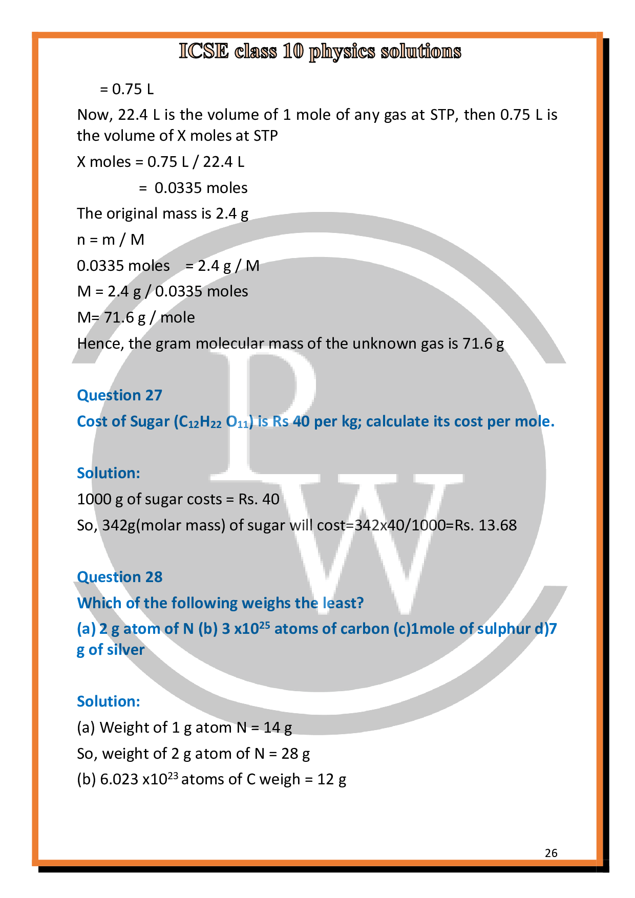 ICSE Class 10 Chemistry solutions for chapter-5 Mole Concept | PW