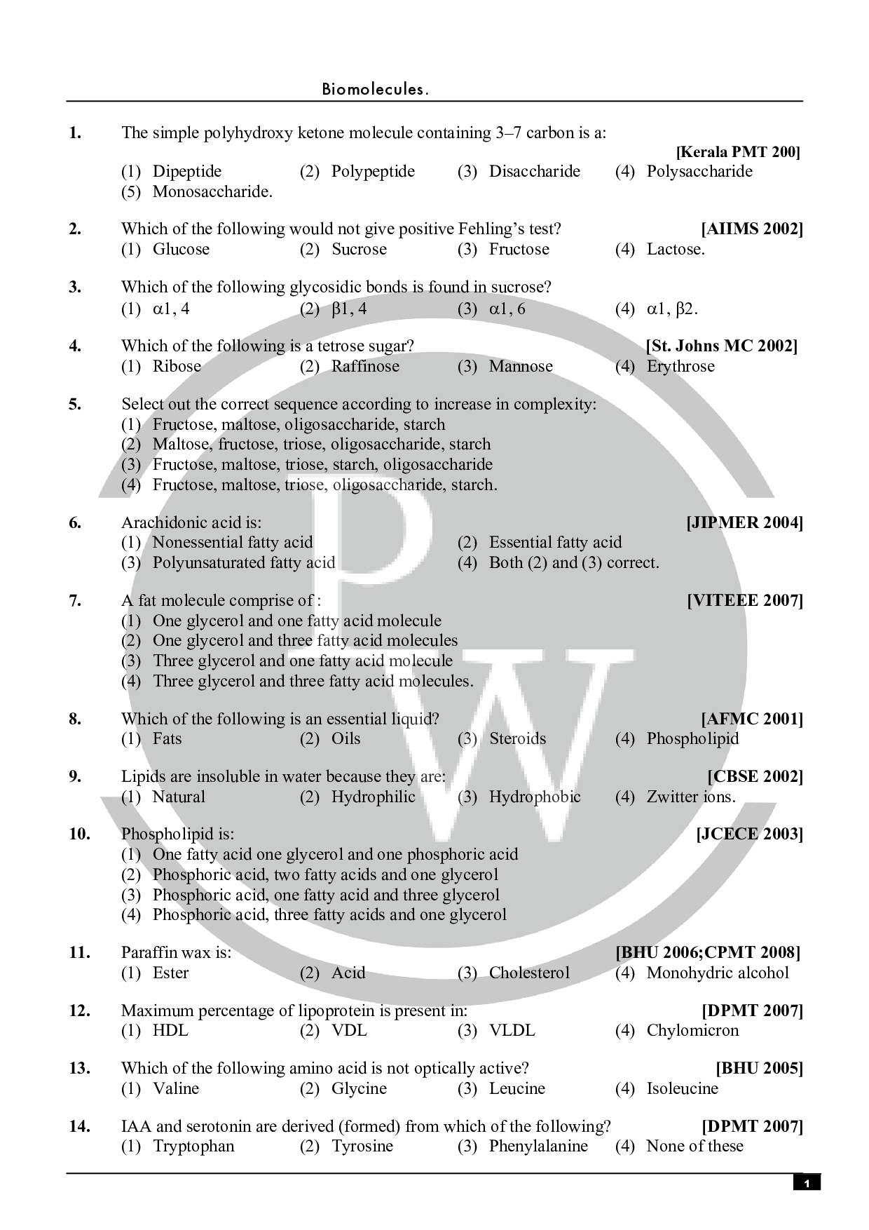 Biomolecules MCQ For NEET Biology