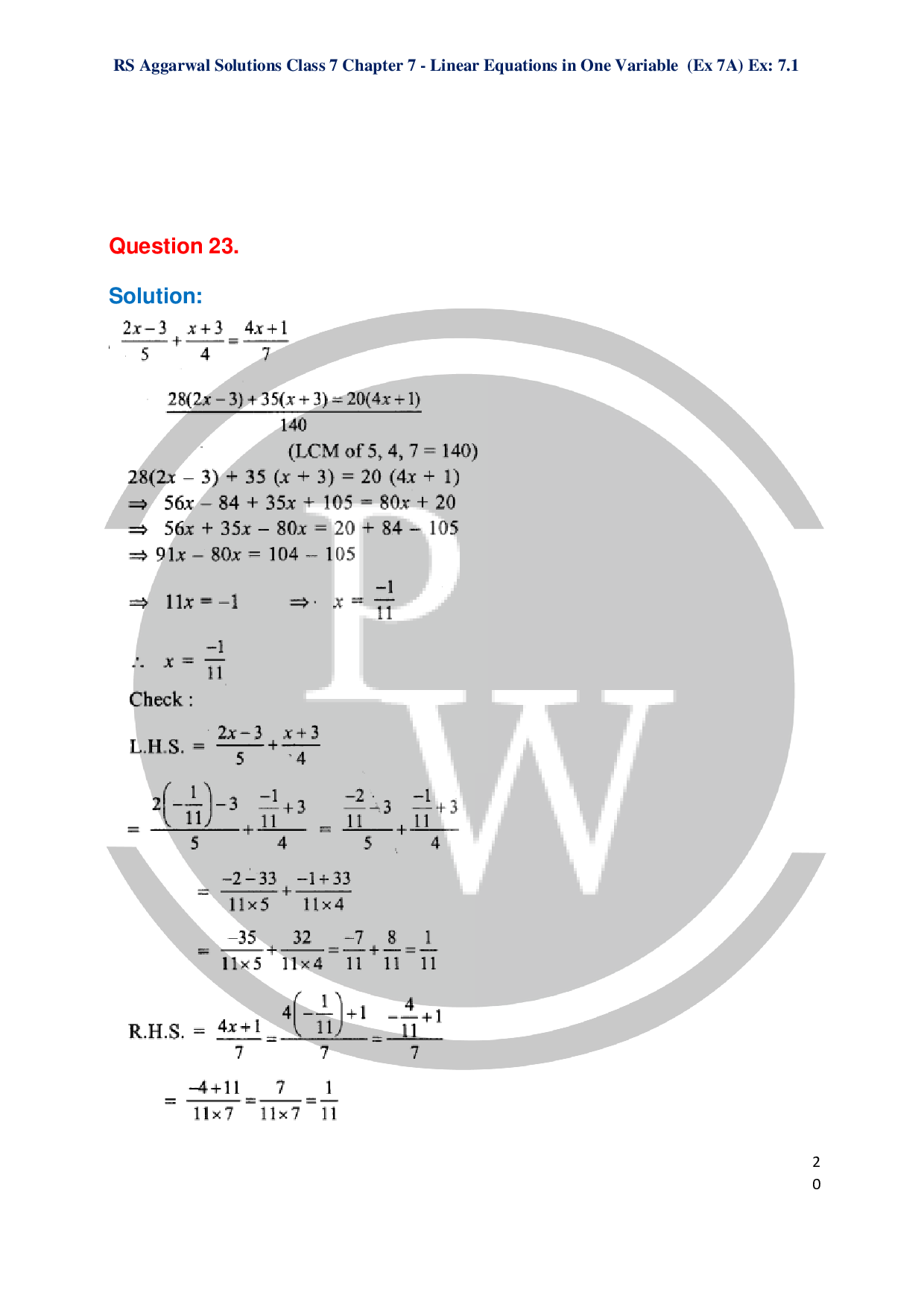 RS Aggarwal Class 7 Linear Equations In One Variable Exercise-7A|PW