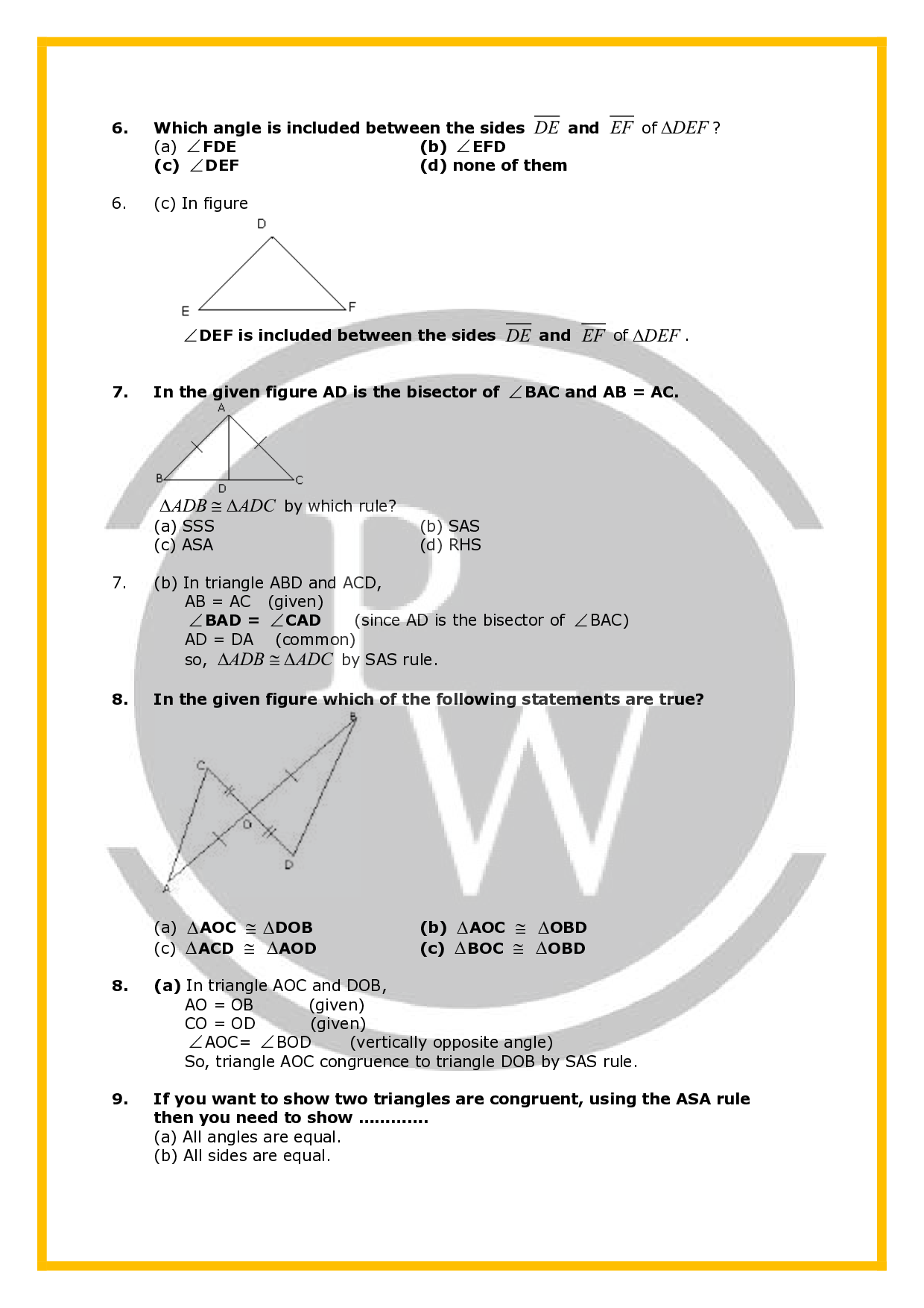 Class 7 Worksheet for Chapter Congruence of Triangles PW