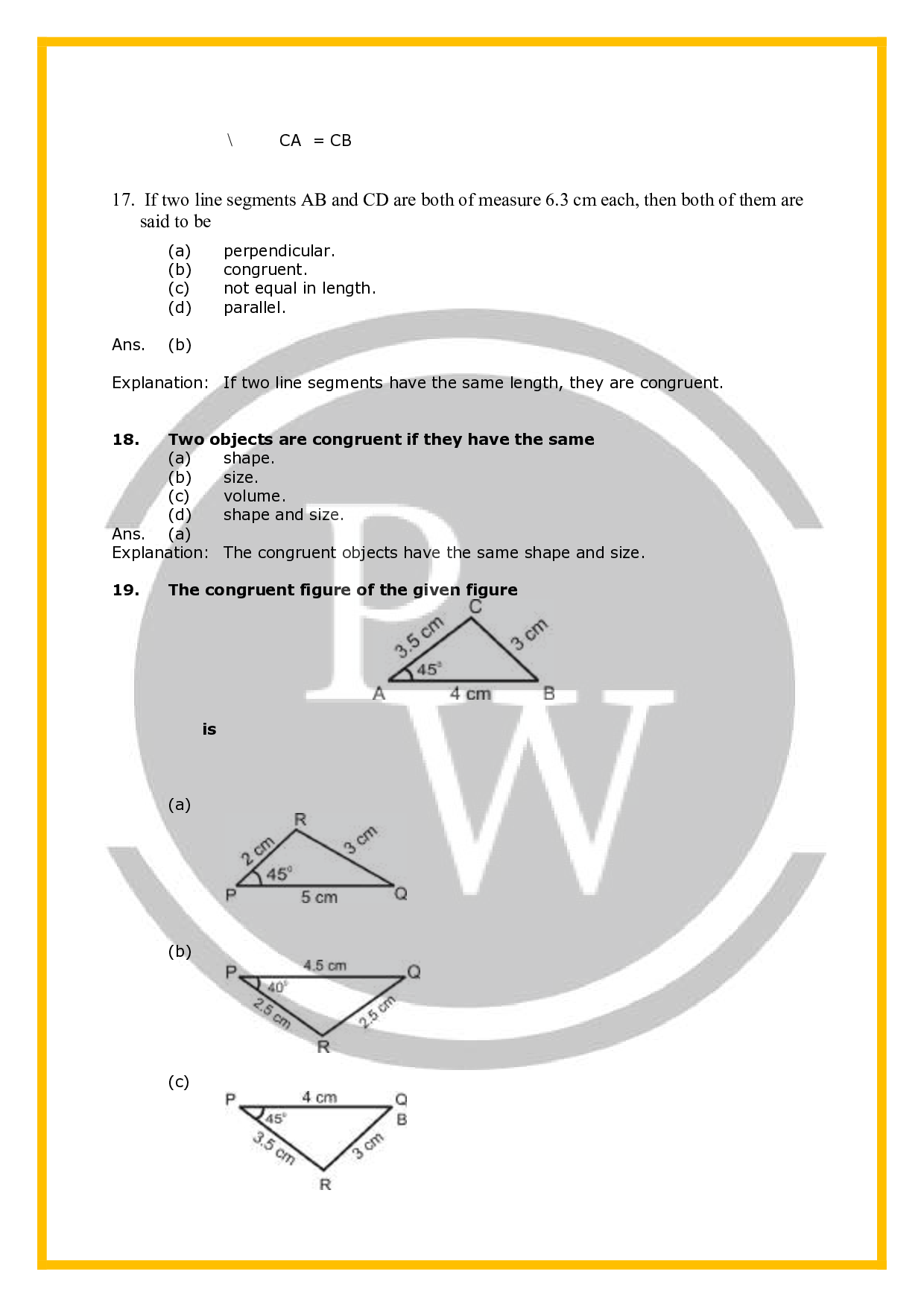 Class 7 Worksheet for Chapter Congruence of Triangles PW