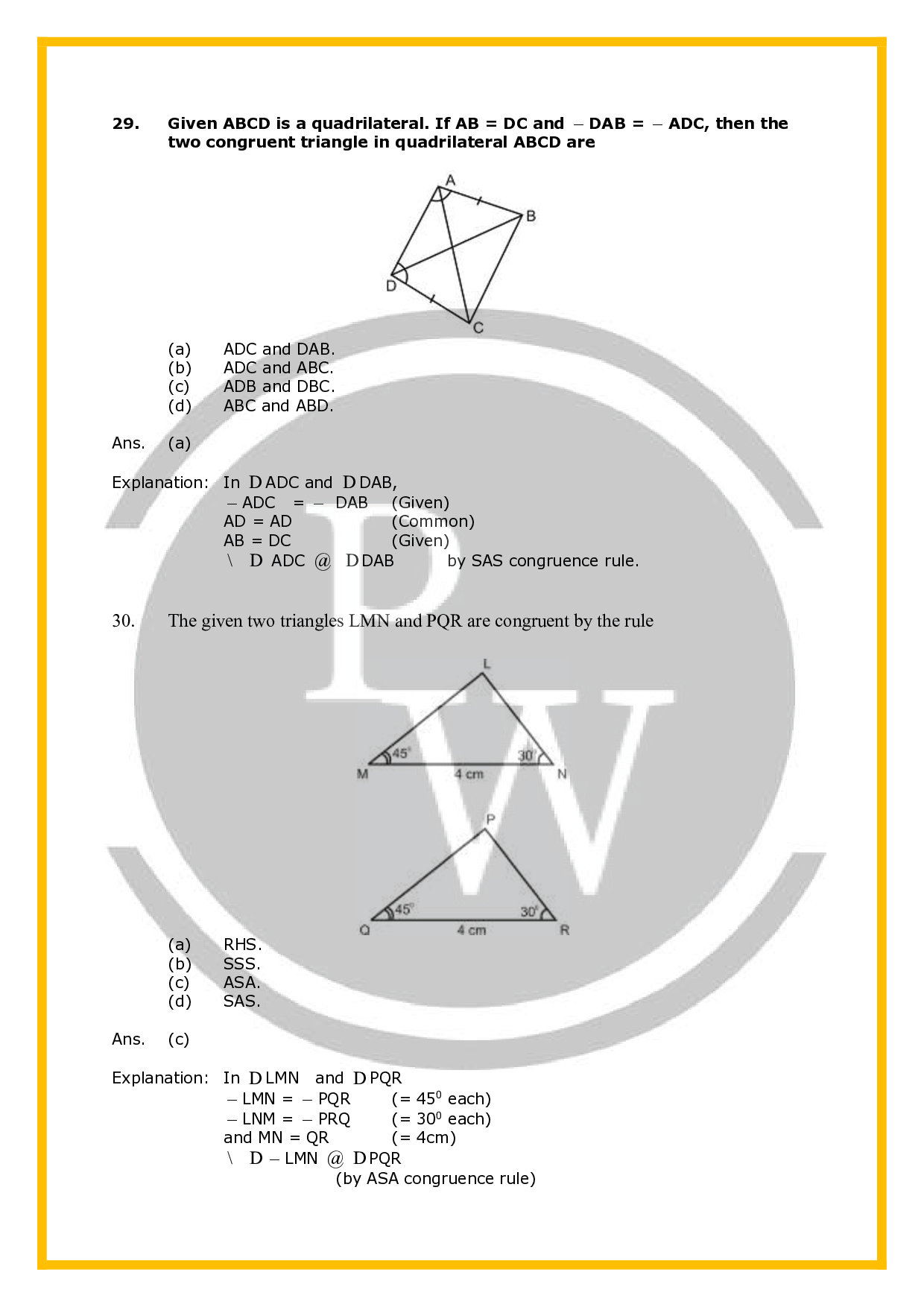 Class 7 Worksheet for Chapter Congruence of Triangles PW