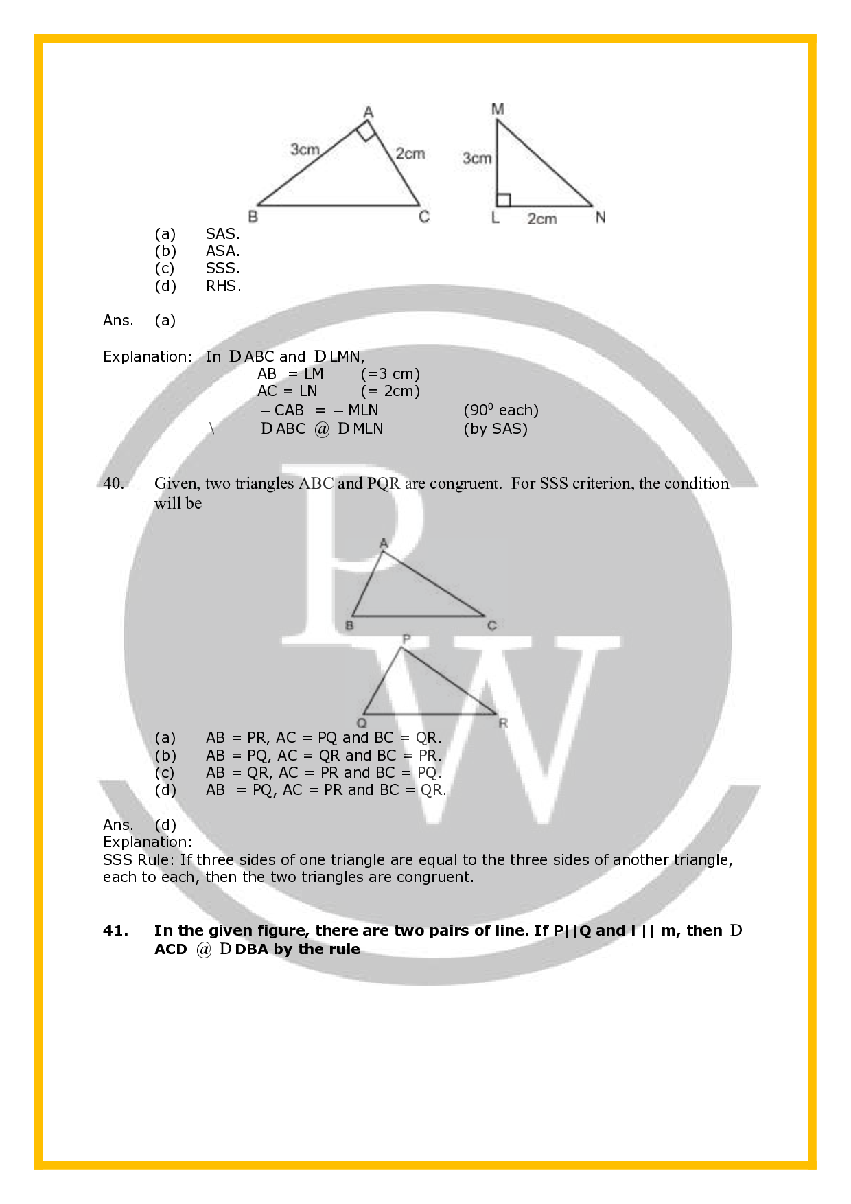 Class 7 Worksheet for Chapter Congruence of Triangles PW