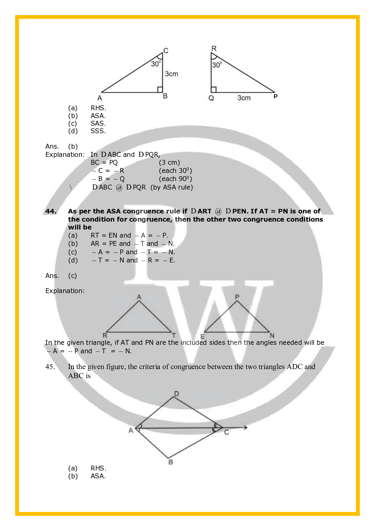 Class 7 Worksheet for Chapter Congruence of Triangles PW