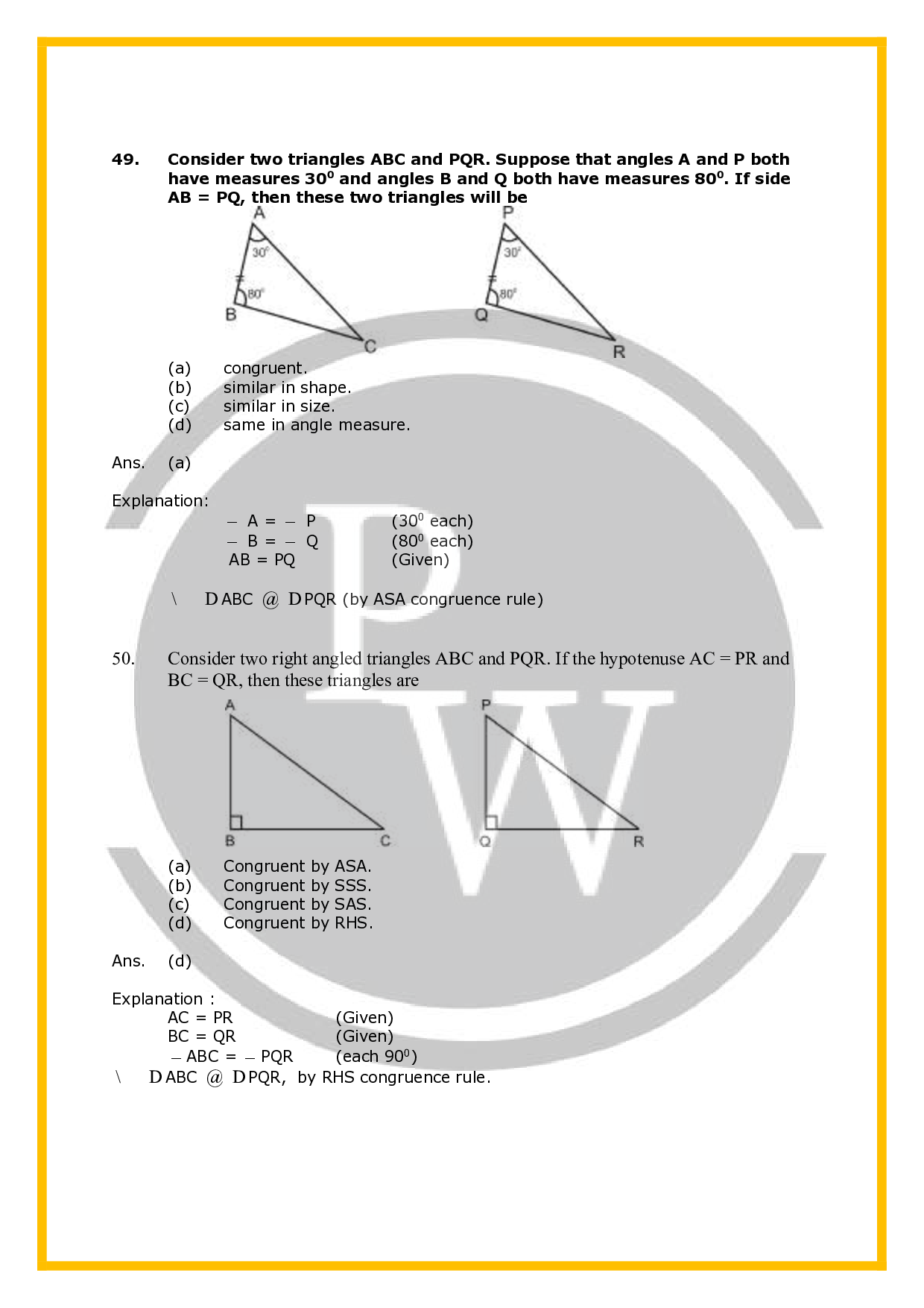 Class 7 Worksheet for Chapter Congruence of Triangles PW