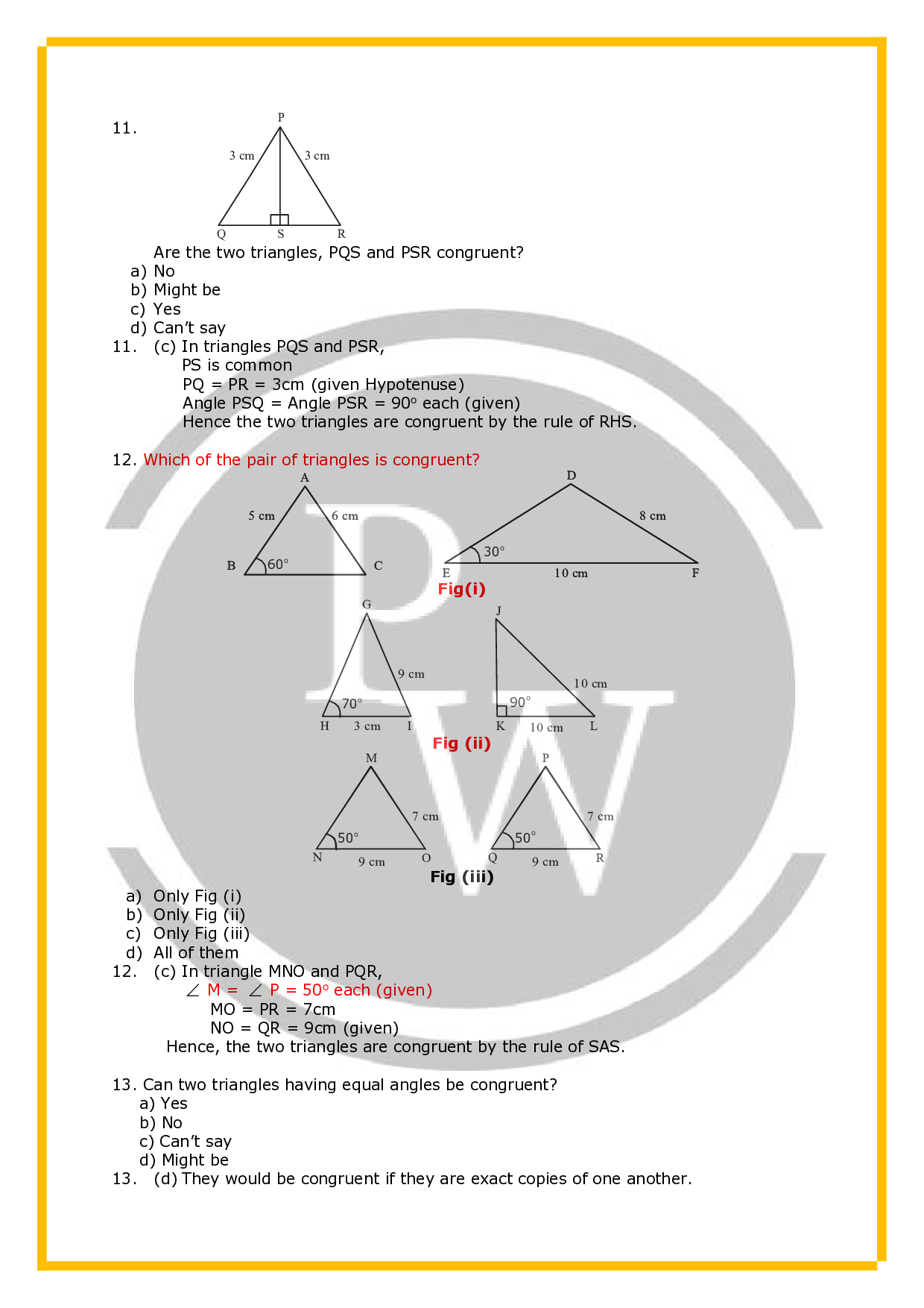 Class 7 Worksheet for Chapter Congruence of Triangles PW