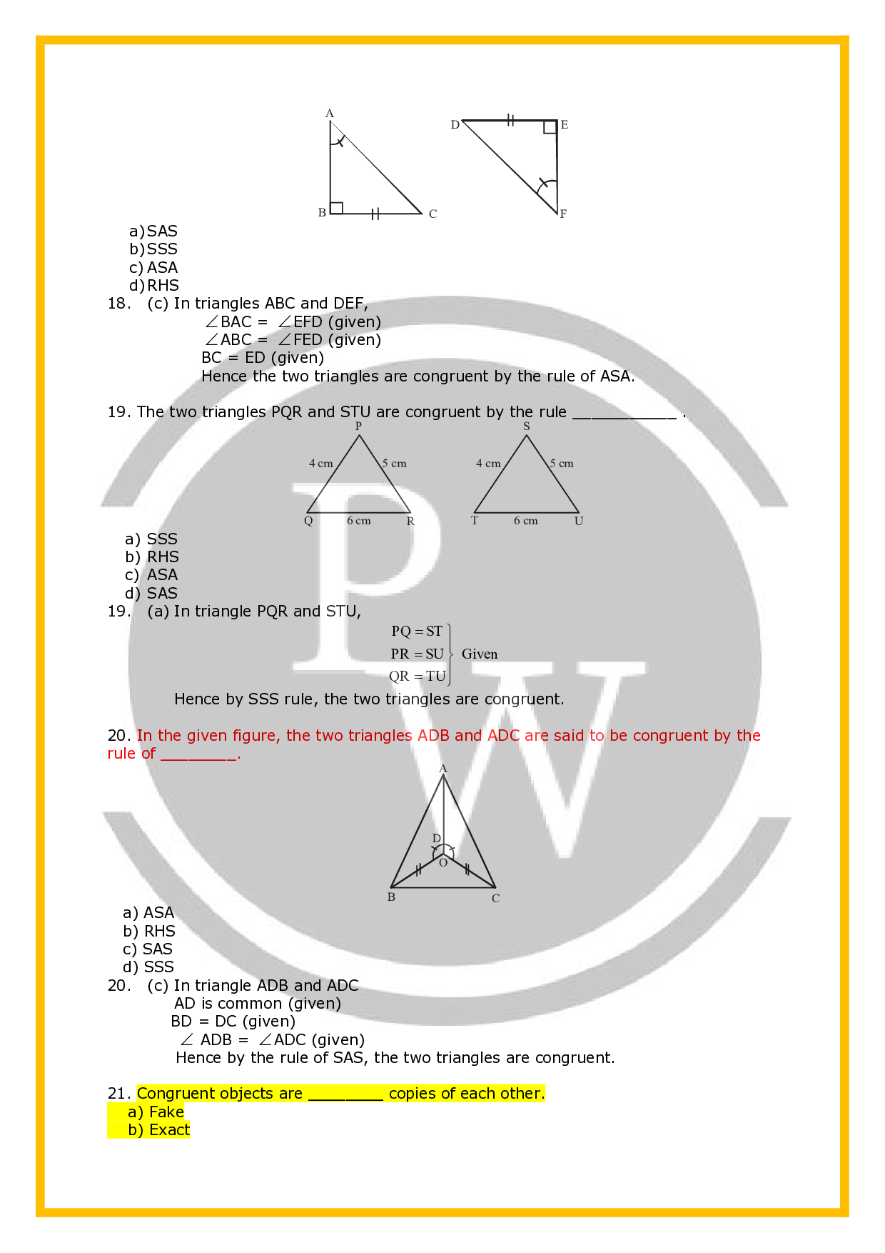 Class 7 Worksheet for Chapter Congruence of Triangles PW