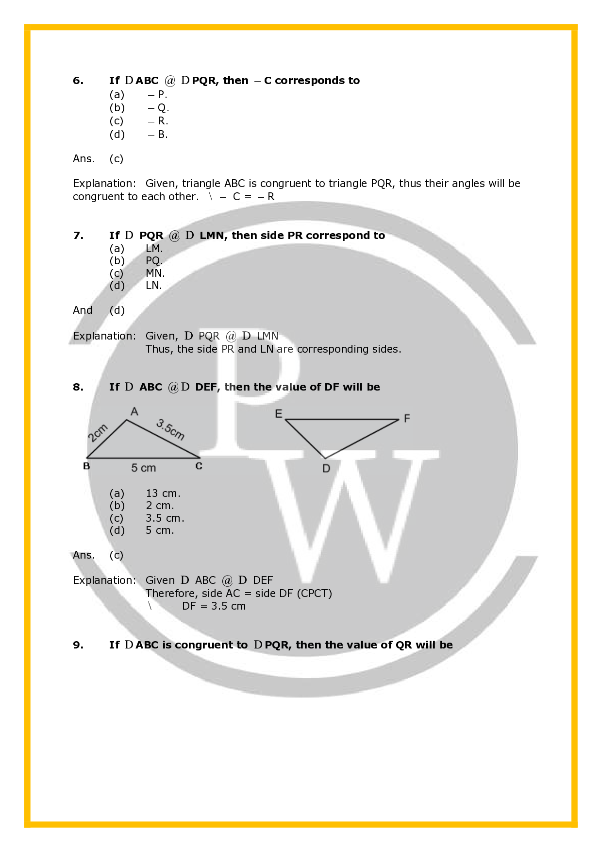 Class 7 Worksheet for Chapter Congruence of Triangles PW
