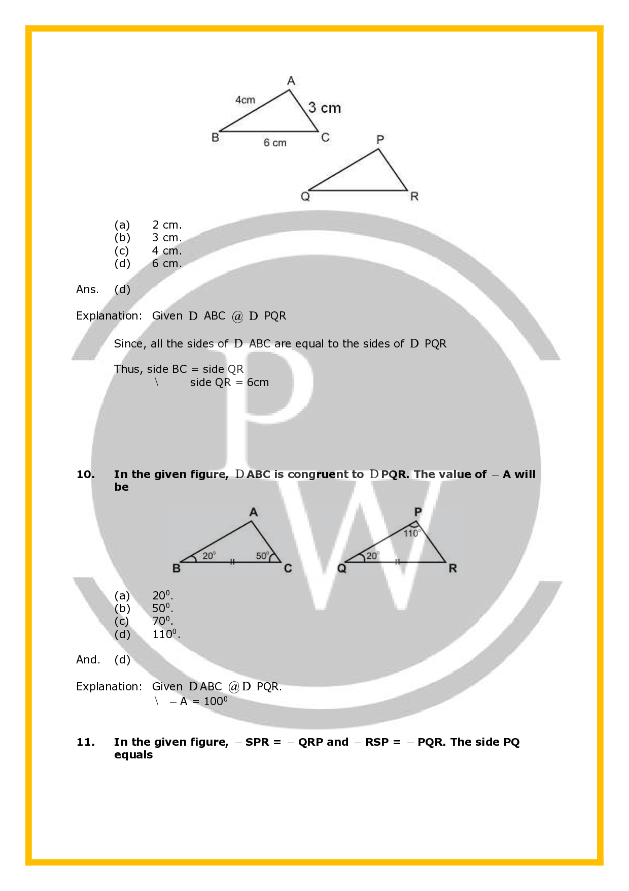 Class 7 Worksheet for Chapter Congruence of Triangles PW