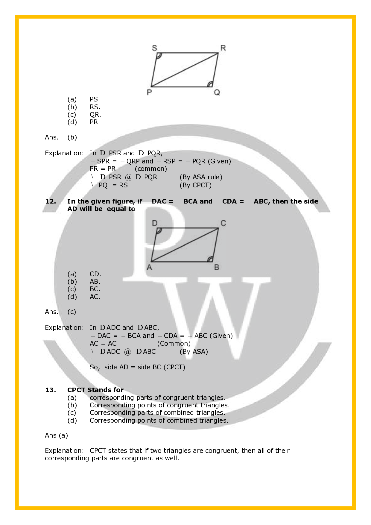 Class 7 Worksheet for Chapter Congruence of Triangles PW