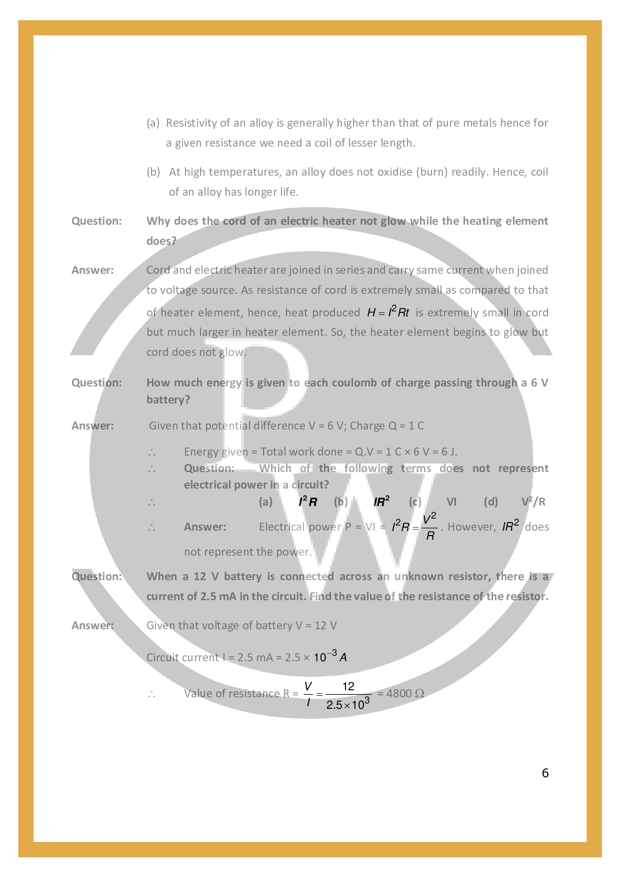 Important questions for class 10 science chapter 12 Electricity PW