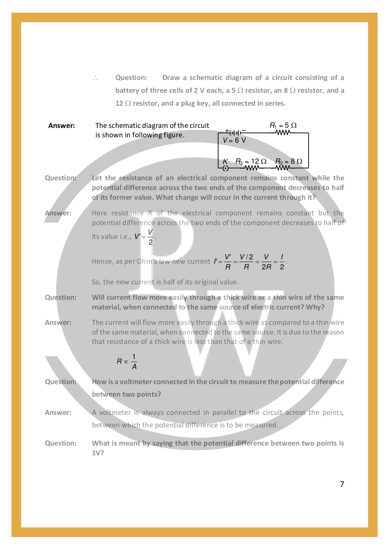 Important questions for class 10 science chapter 12 Electricity PW
