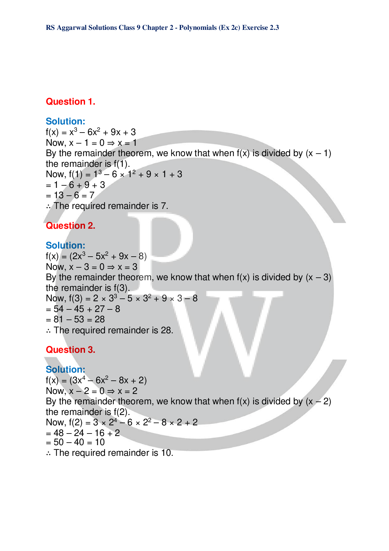 RS Aggarwal Maths Solutions For Polynomials Ex- 2C |PW