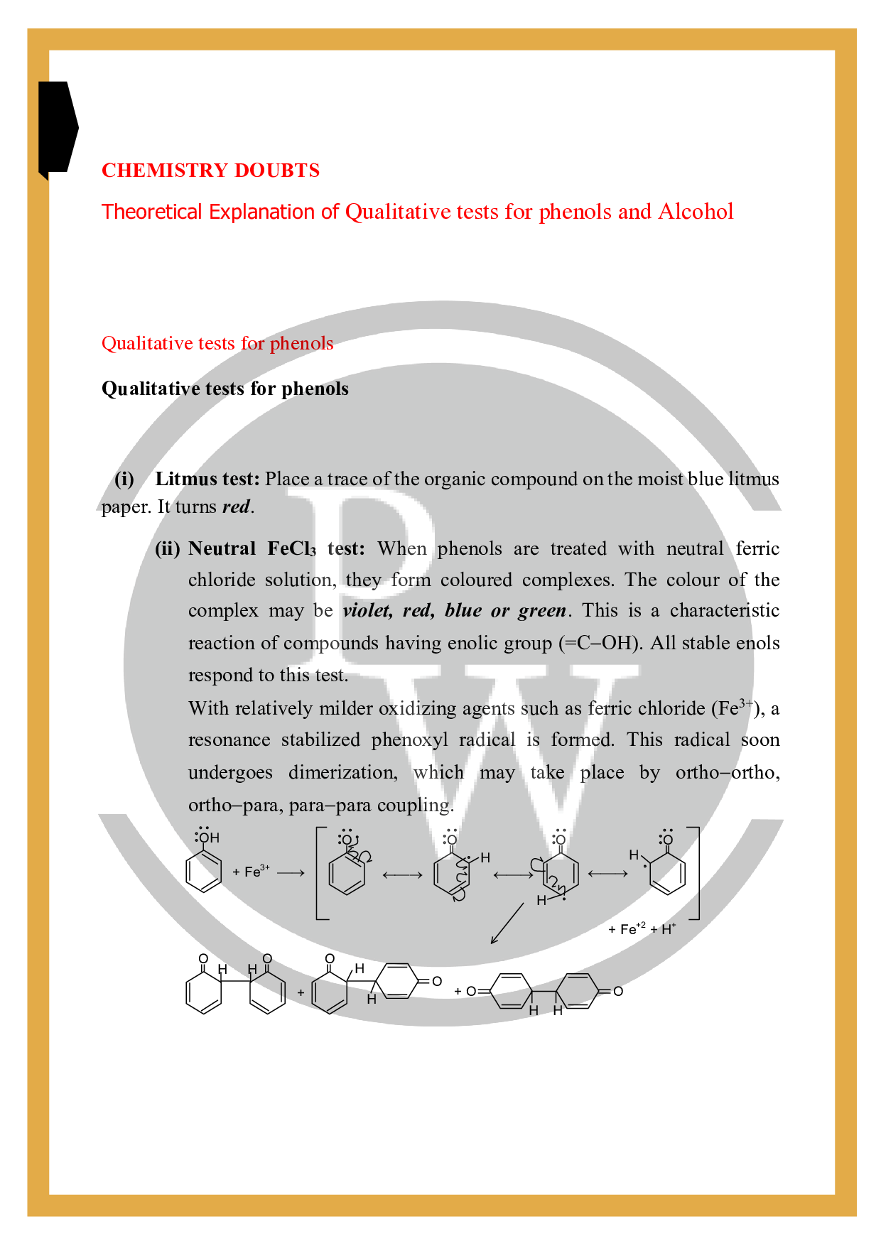Test of alcohol and phenols Qualitative tests for phenols and Alcohol