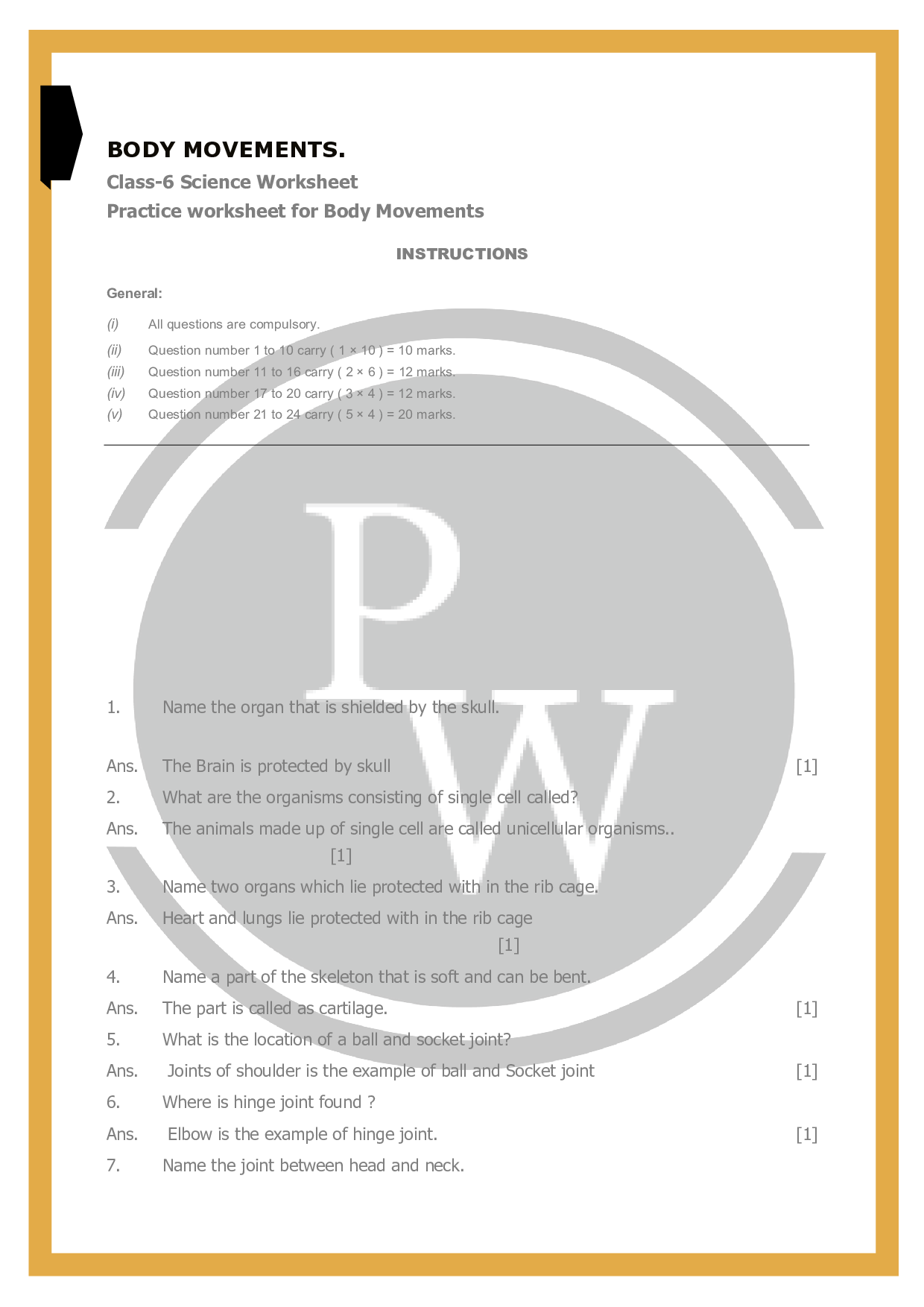 class 6 science worksheets Chapter 8-Body Movements |Physics Wallah