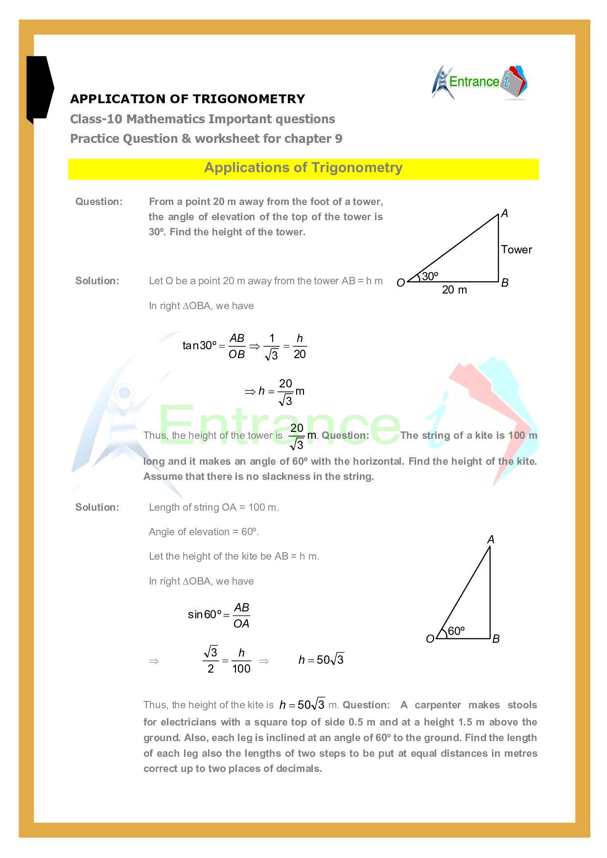 Important Questions Some Applications Of Trigonometry Important Questions Some Applications Of Trigonometry