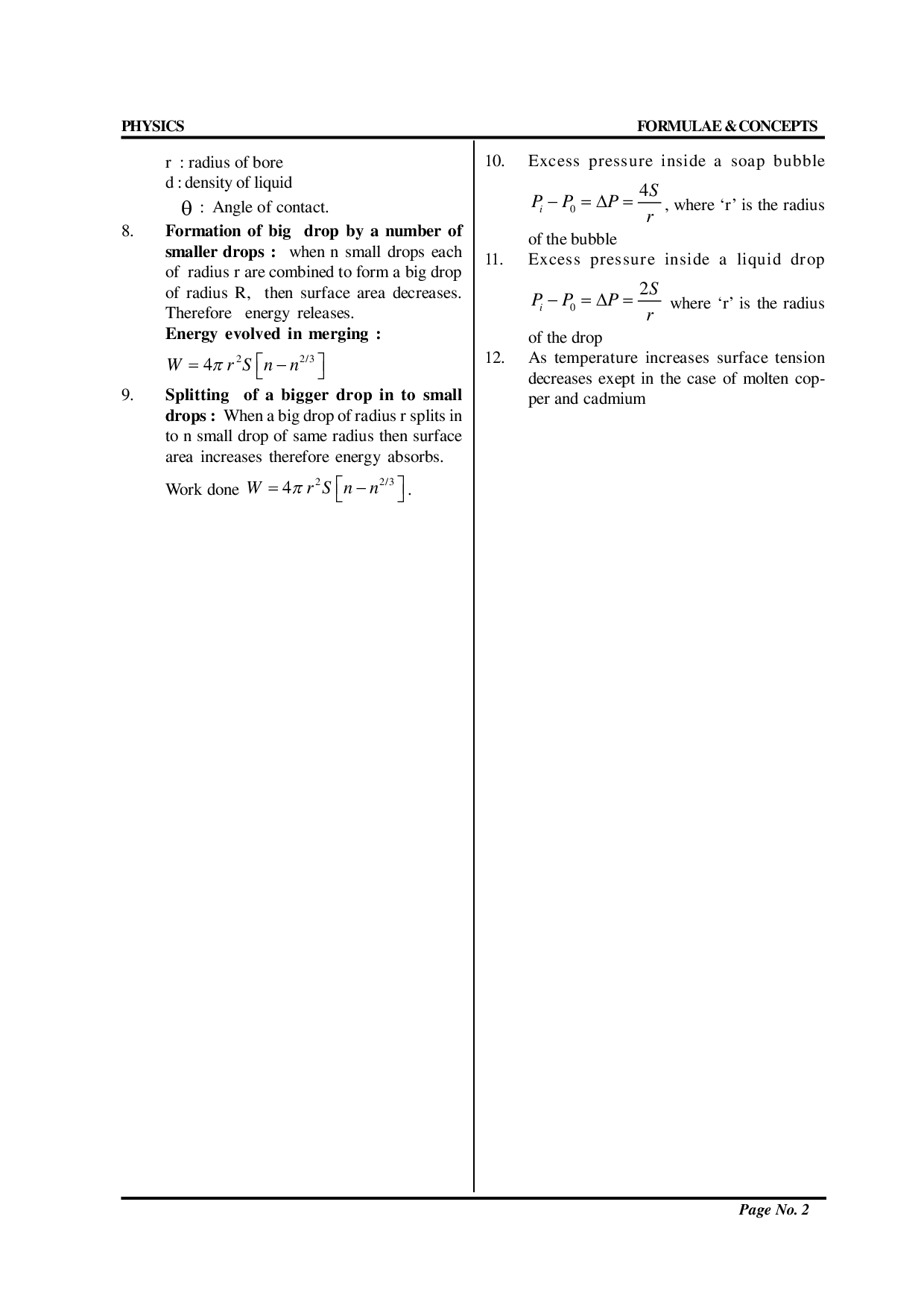 list of physics formulas class 11 chapter Surface Tension Physics Wallah