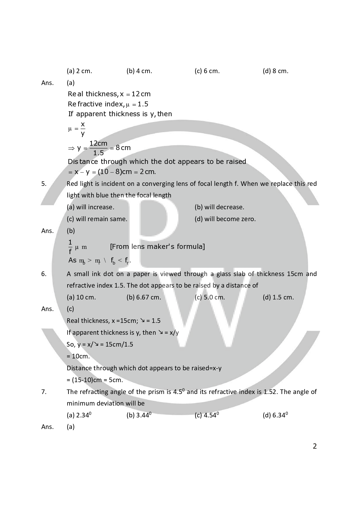 Important questions ray optics for Class 12 Chapter9 PW