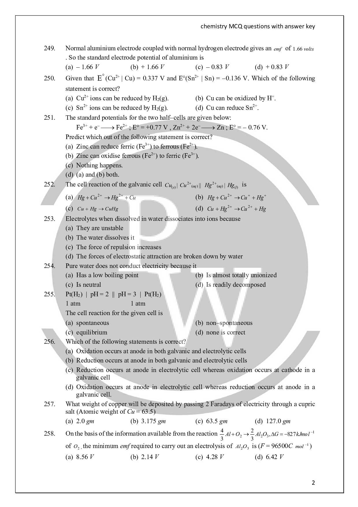 Electrochemistry Questions Electrochemistry MCQ based Problems