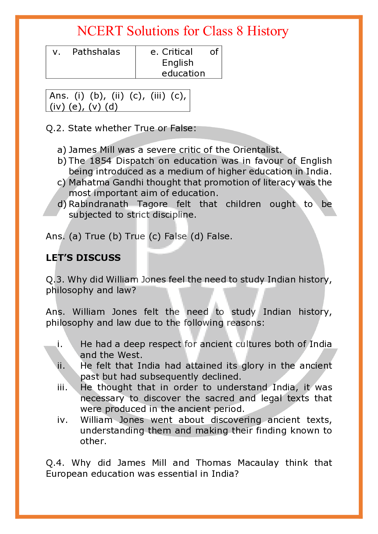 NCERT Solutions for class 8 History Chapter 8 PW