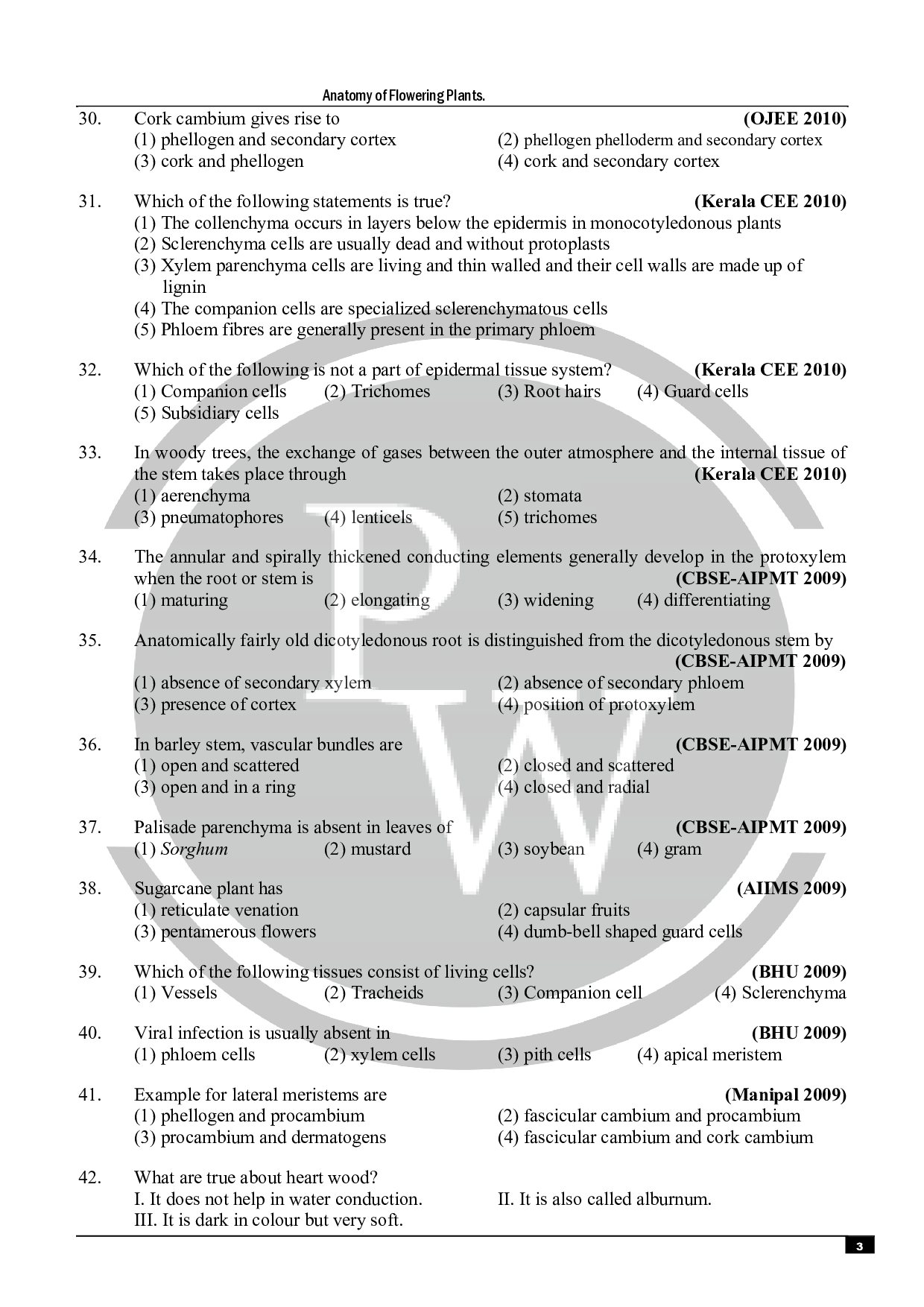 Anatomy of flowering plant MCQ for NEET Biology