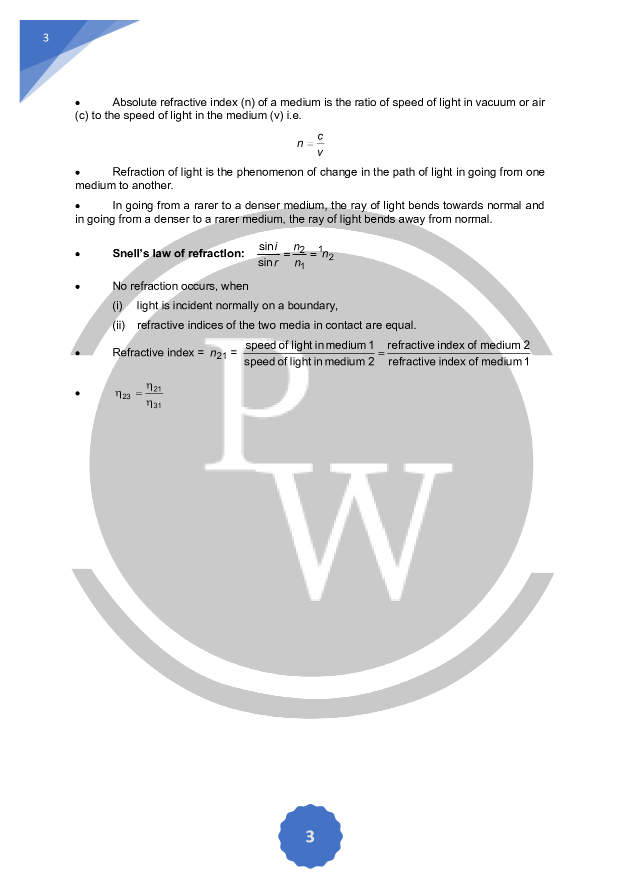 Light Reflection and Refraction Formula class 10 PW