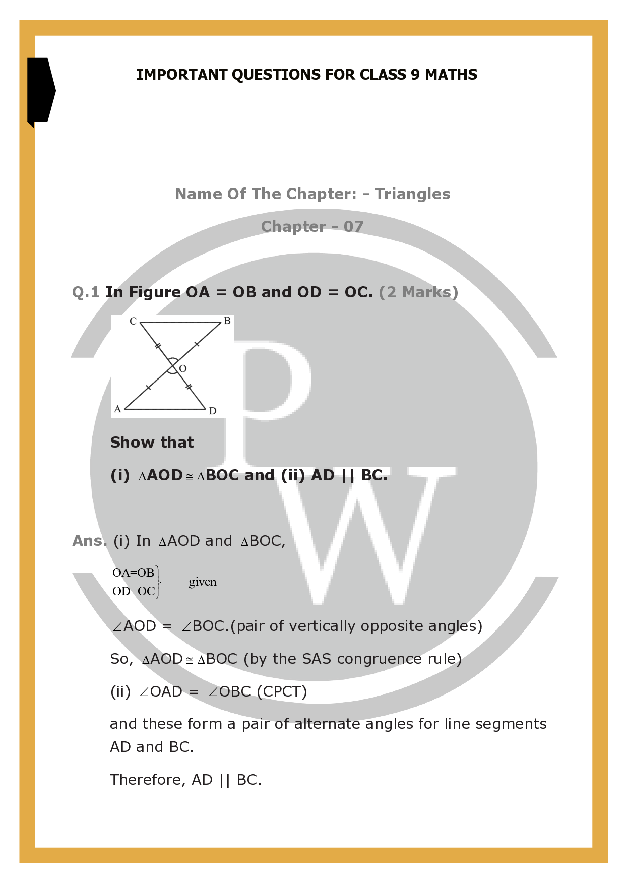 CBSE Important Questions for class 9 maths chapter7 Triangles