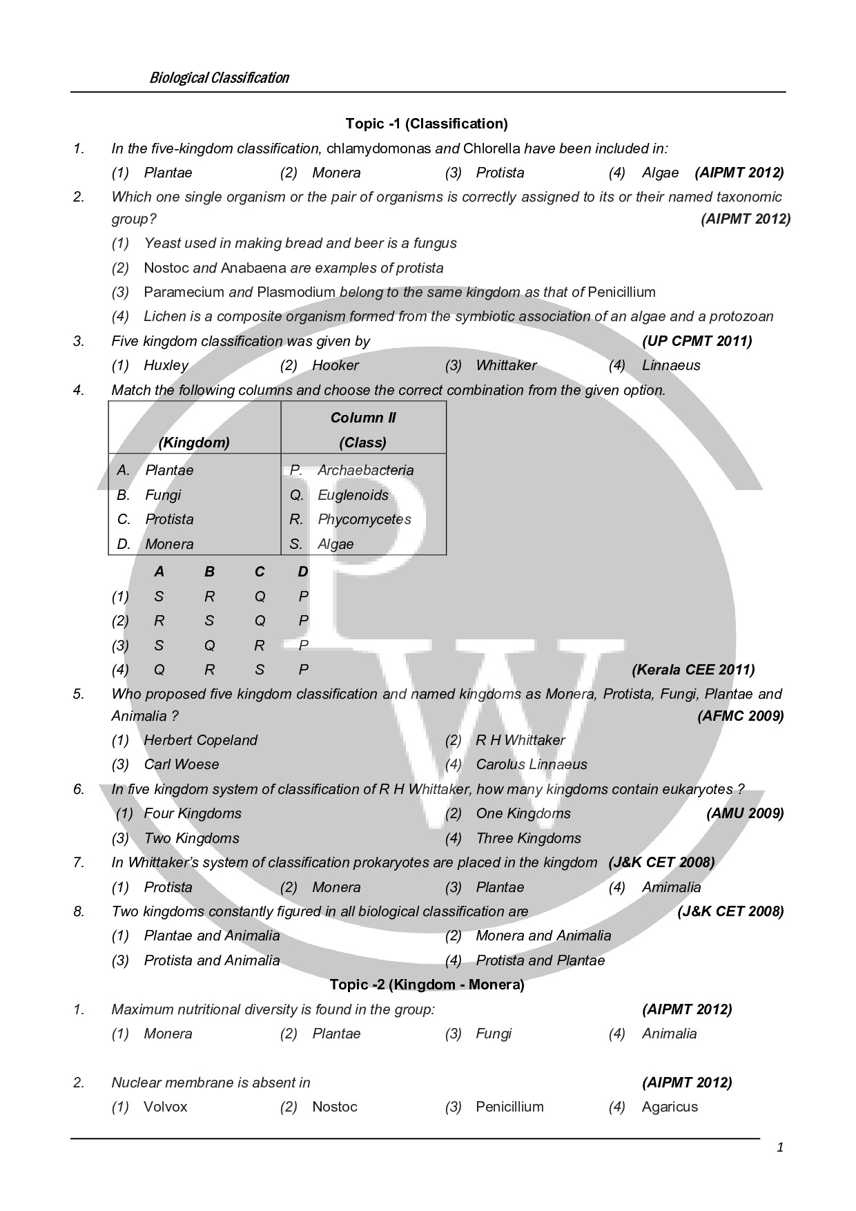 Biological Classification MCQ For NEET Biology With Answers