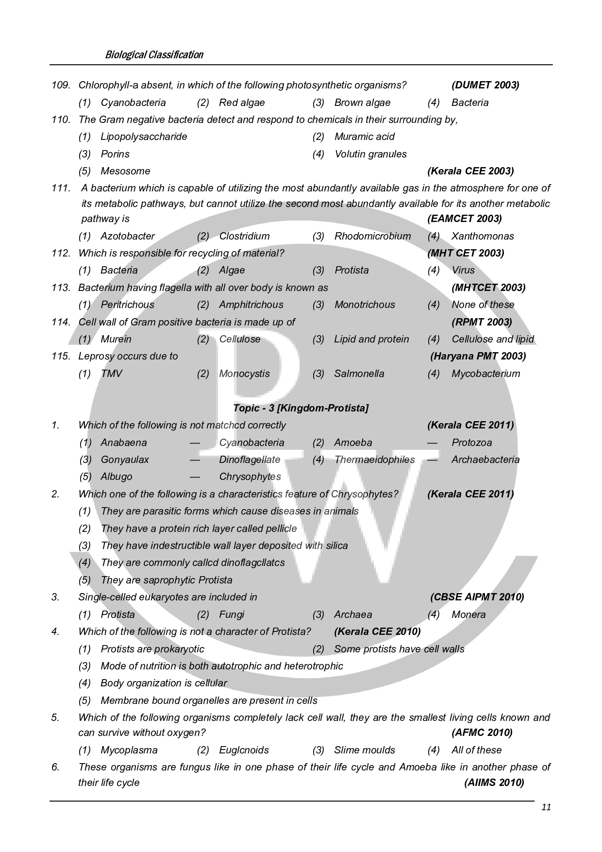 Biological Classification MCQ For NEET Biology With Answers