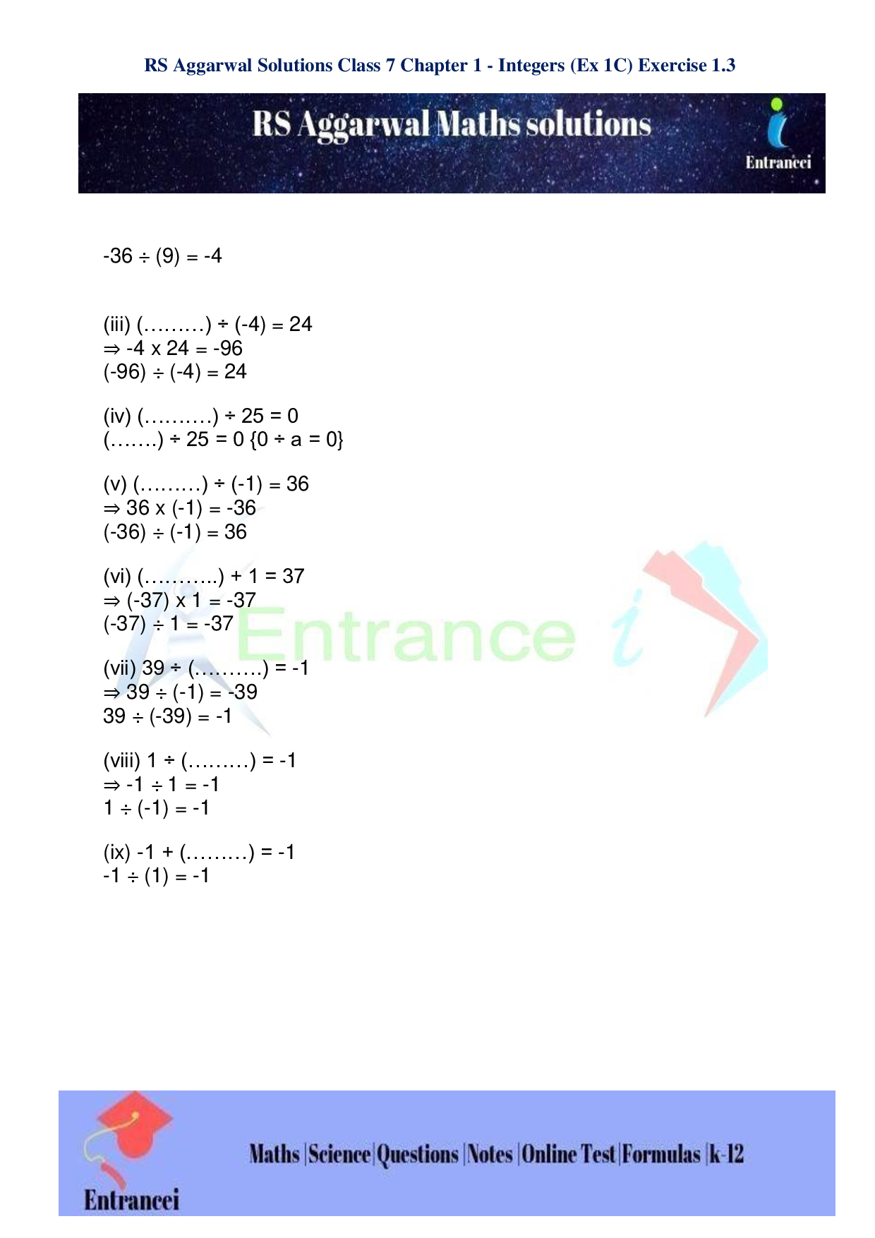 Exercise-1C of RS Aggarwal Class 7 Maths Solutions Chapter-1 Integers