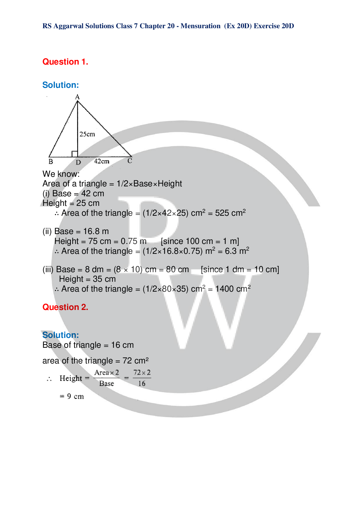 RS Aggarwal Solutions for Mensuration Class 7 Ex-20D | PW