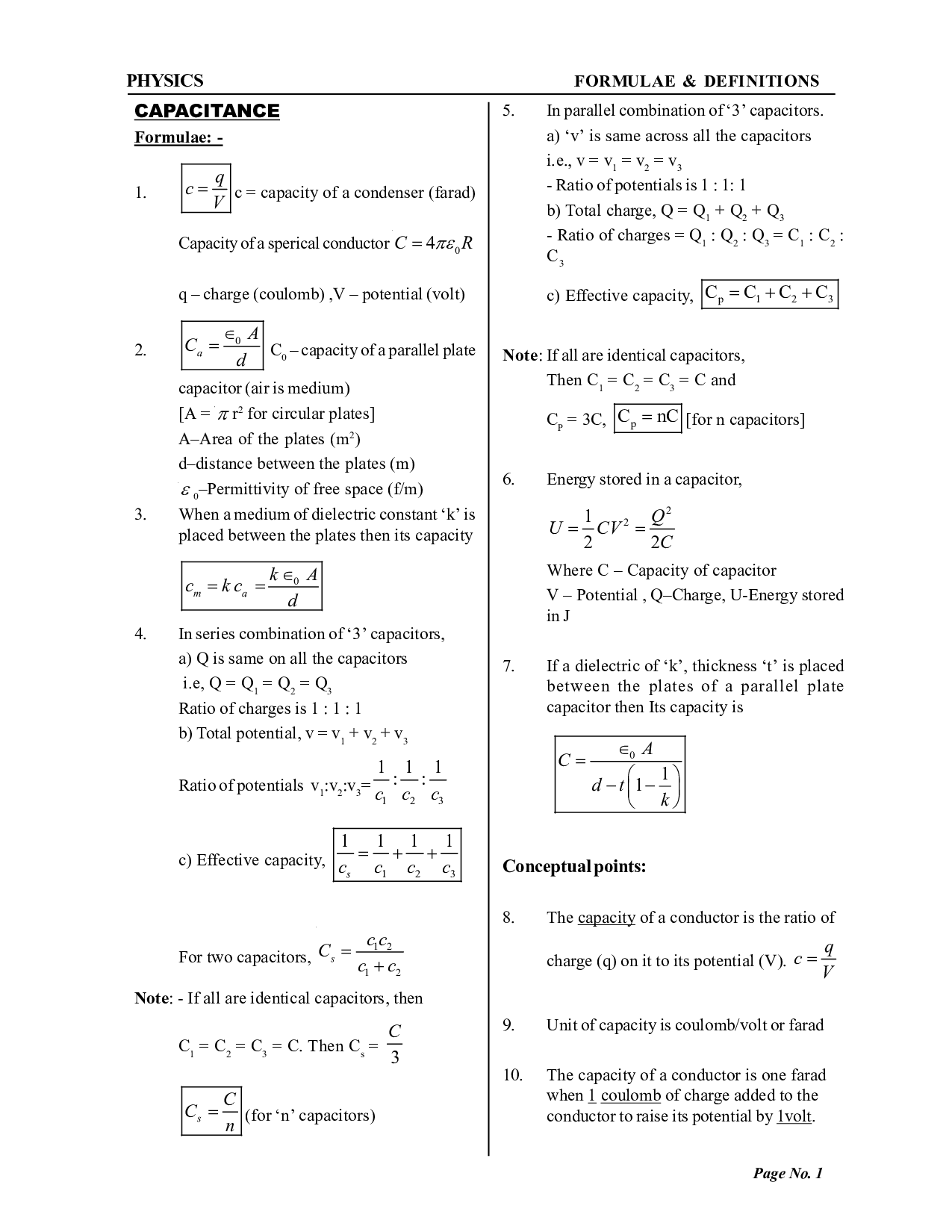 Physics Formula for Class 12 Chapter - Capacitance | PW