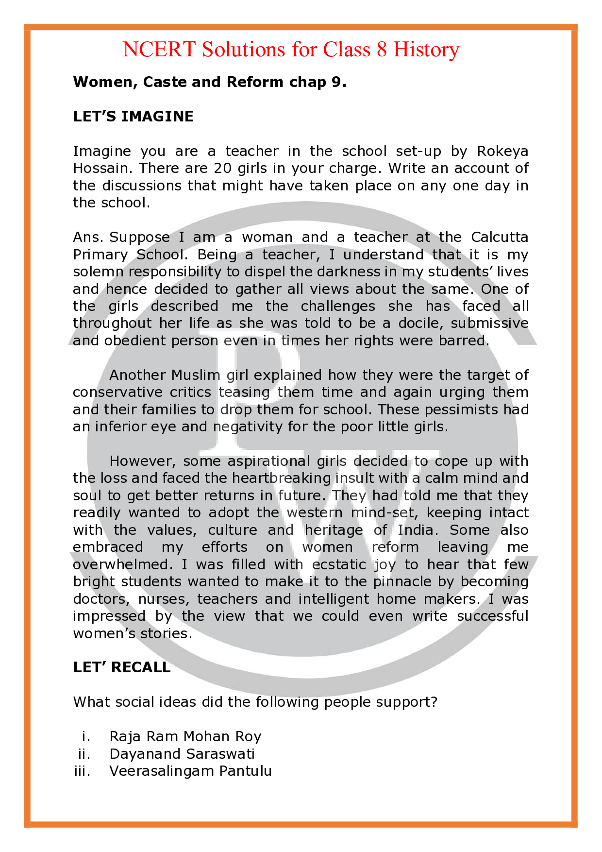 NCERT Solutions for class 8 History Chapter 9 Women, Caste and Reform