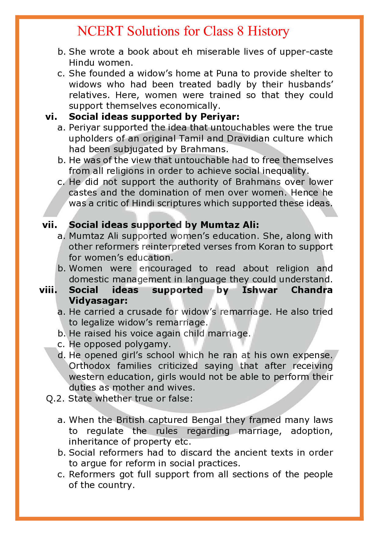 NCERT Solutions for class 8 History Chapter 9 Women, Caste and Reform