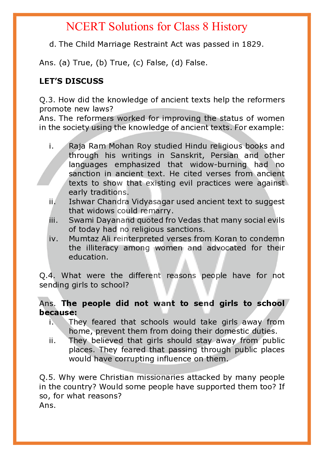 NCERT Solutions for class 8 History Chapter 9 Women, Caste and Reform