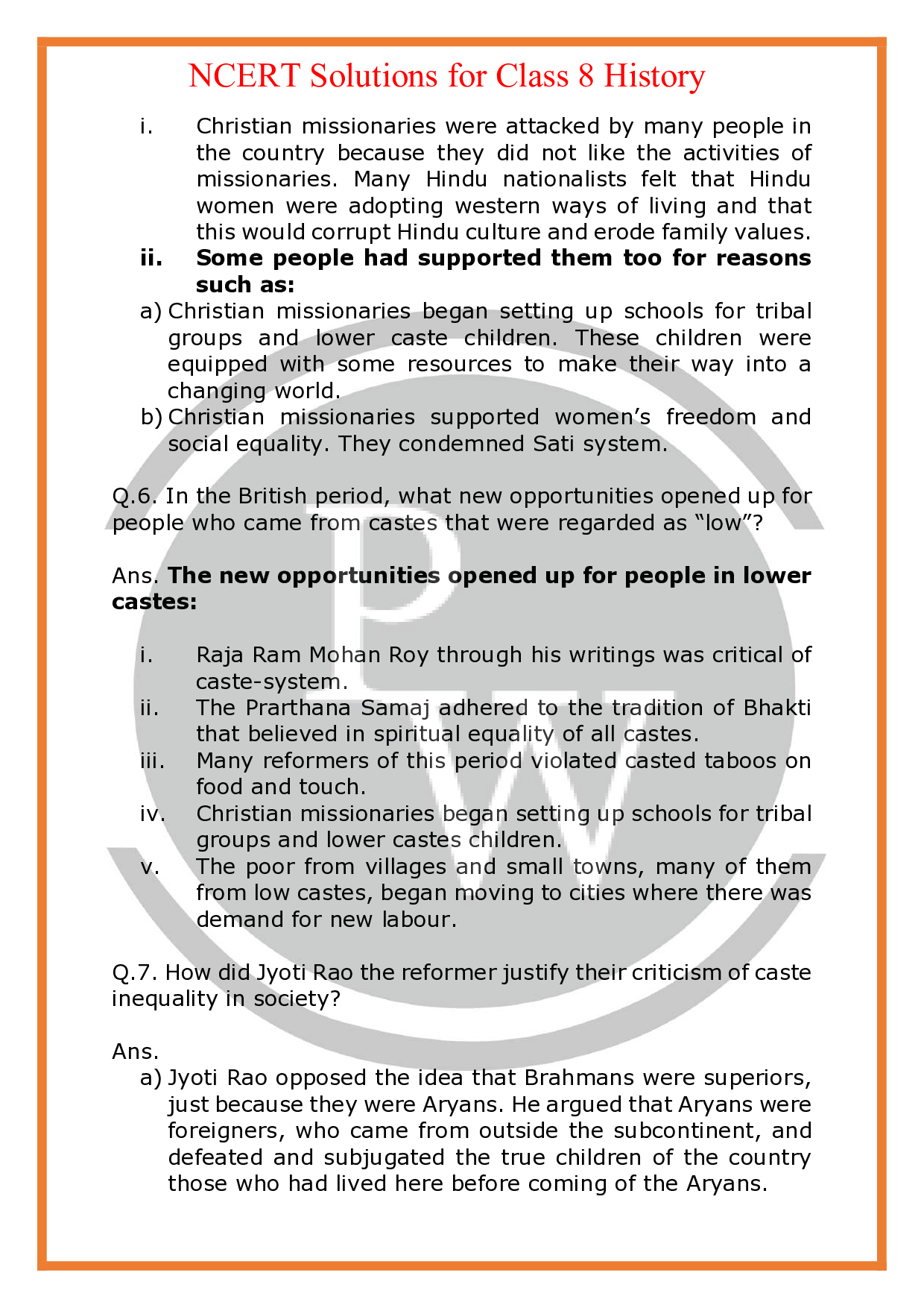 NCERT Solutions for class 8 History Chapter 9 Women, Caste and Reform