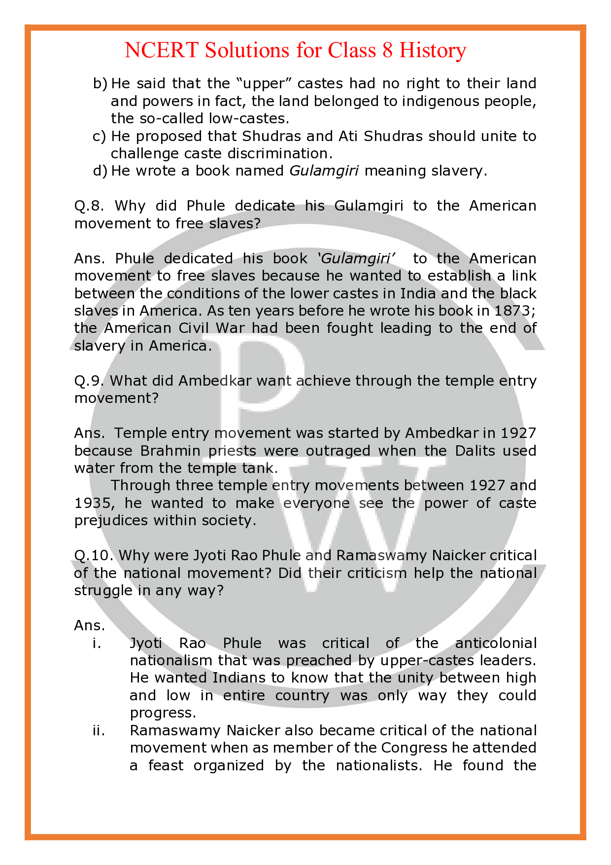 NCERT Solutions for class 8 History Chapter 9 Women, Caste and Reform