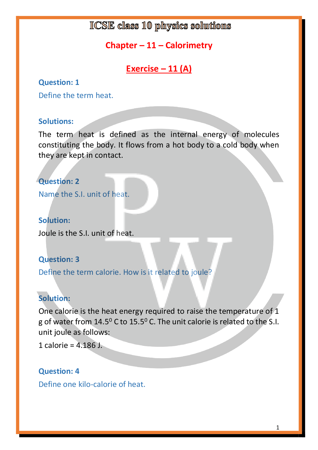 Solutions of Chapter11 Calorimetry of ICSE Class 10 Physics PW