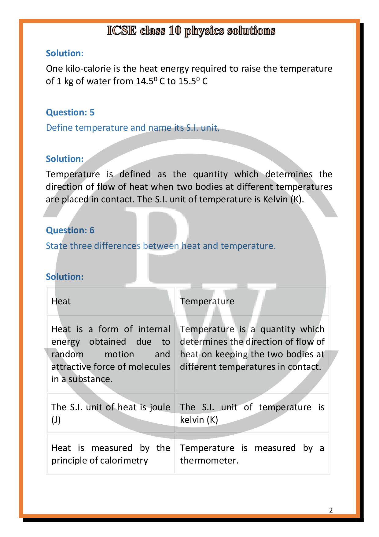 Solutions of Chapter11 Calorimetry of ICSE Class 10 Physics PW