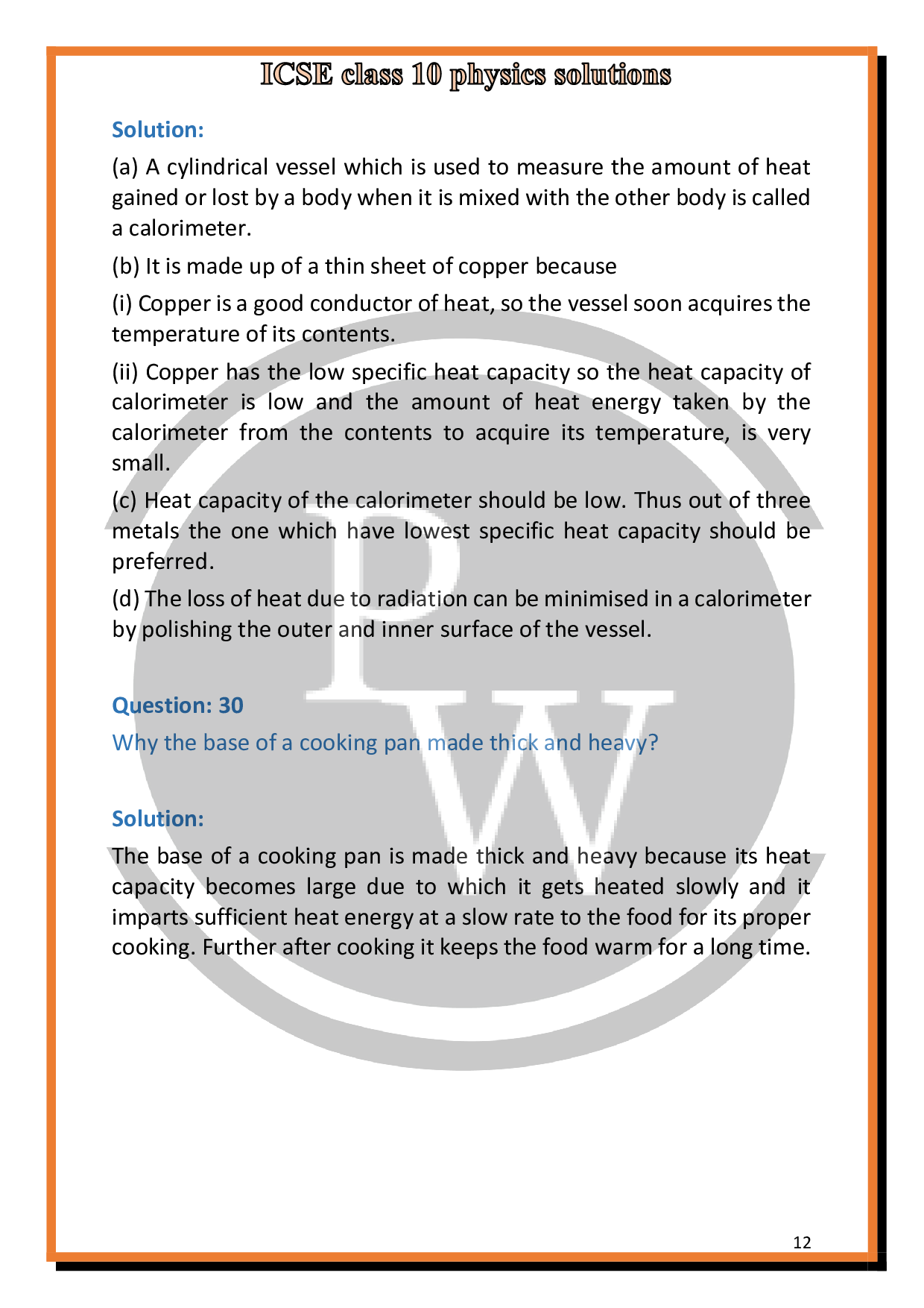 Solutions of Chapter11 Calorimetry of ICSE Class 10 Physics PW