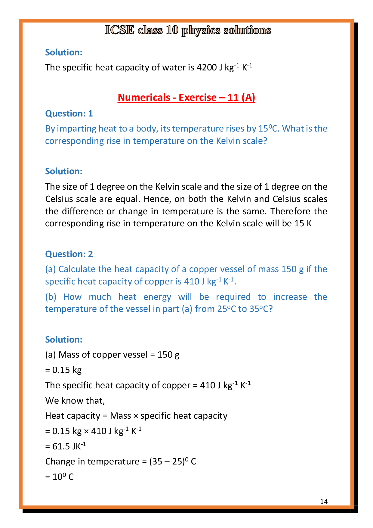 Solutions of Chapter11 Calorimetry of ICSE Class 10 Physics PW