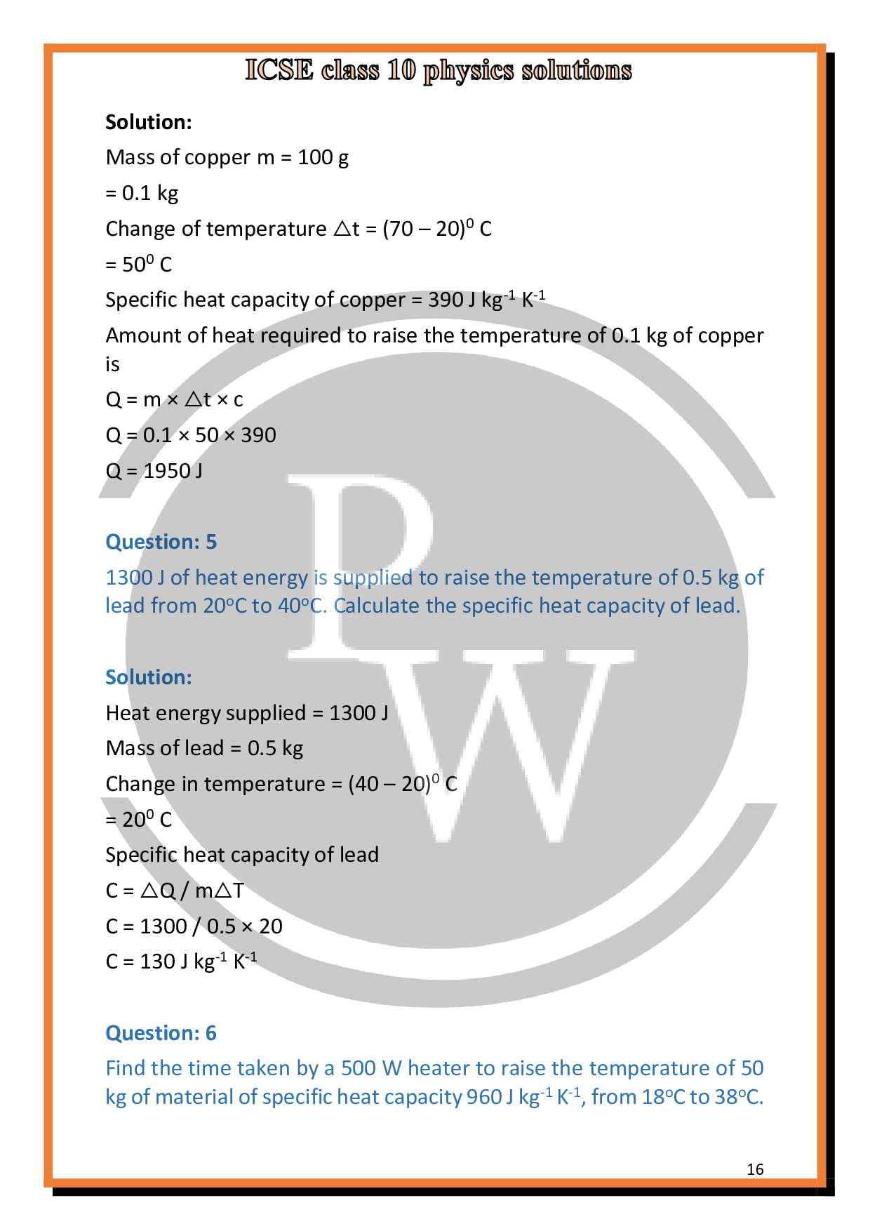 Solutions of Chapter11 Calorimetry of ICSE Class 10 Physics PW