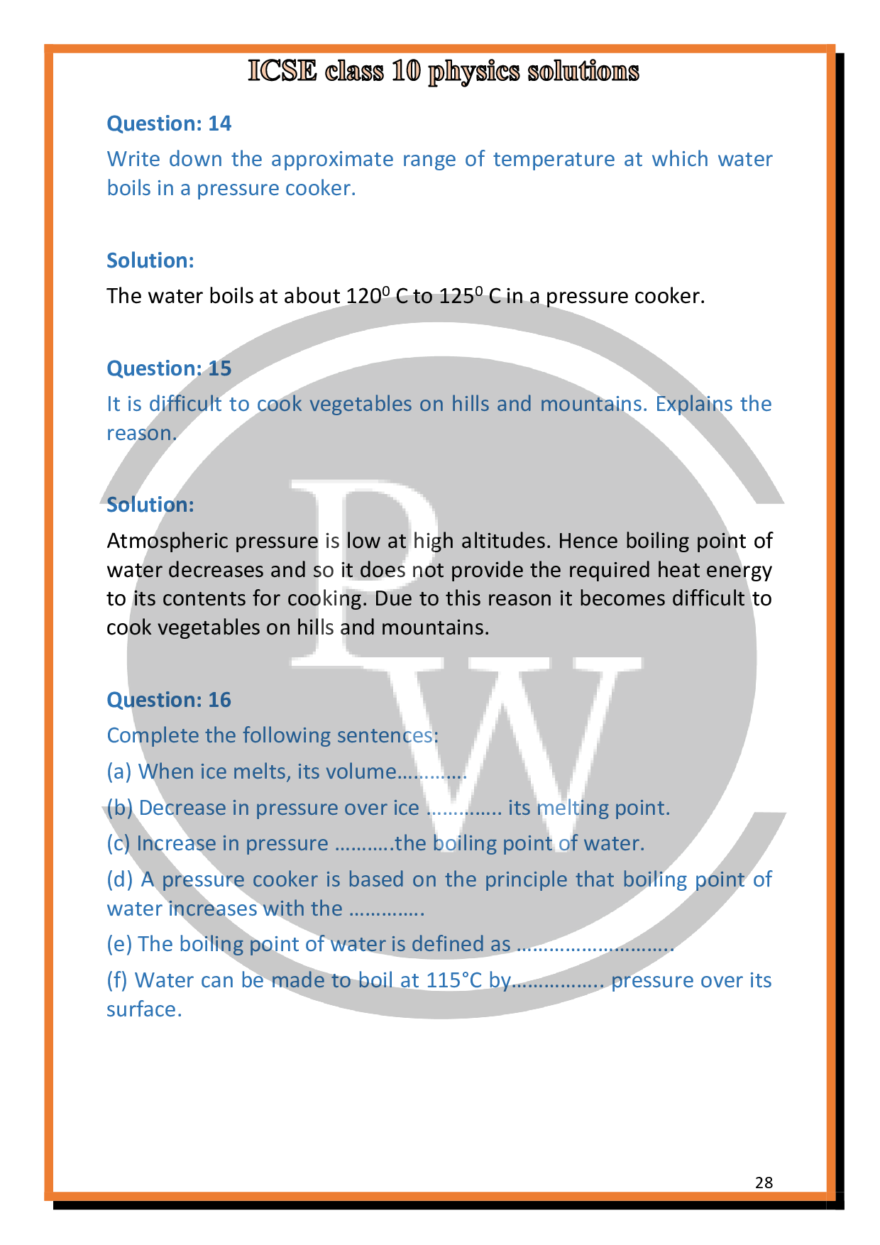 Solutions of Chapter11 Calorimetry of ICSE Class 10 Physics PW
