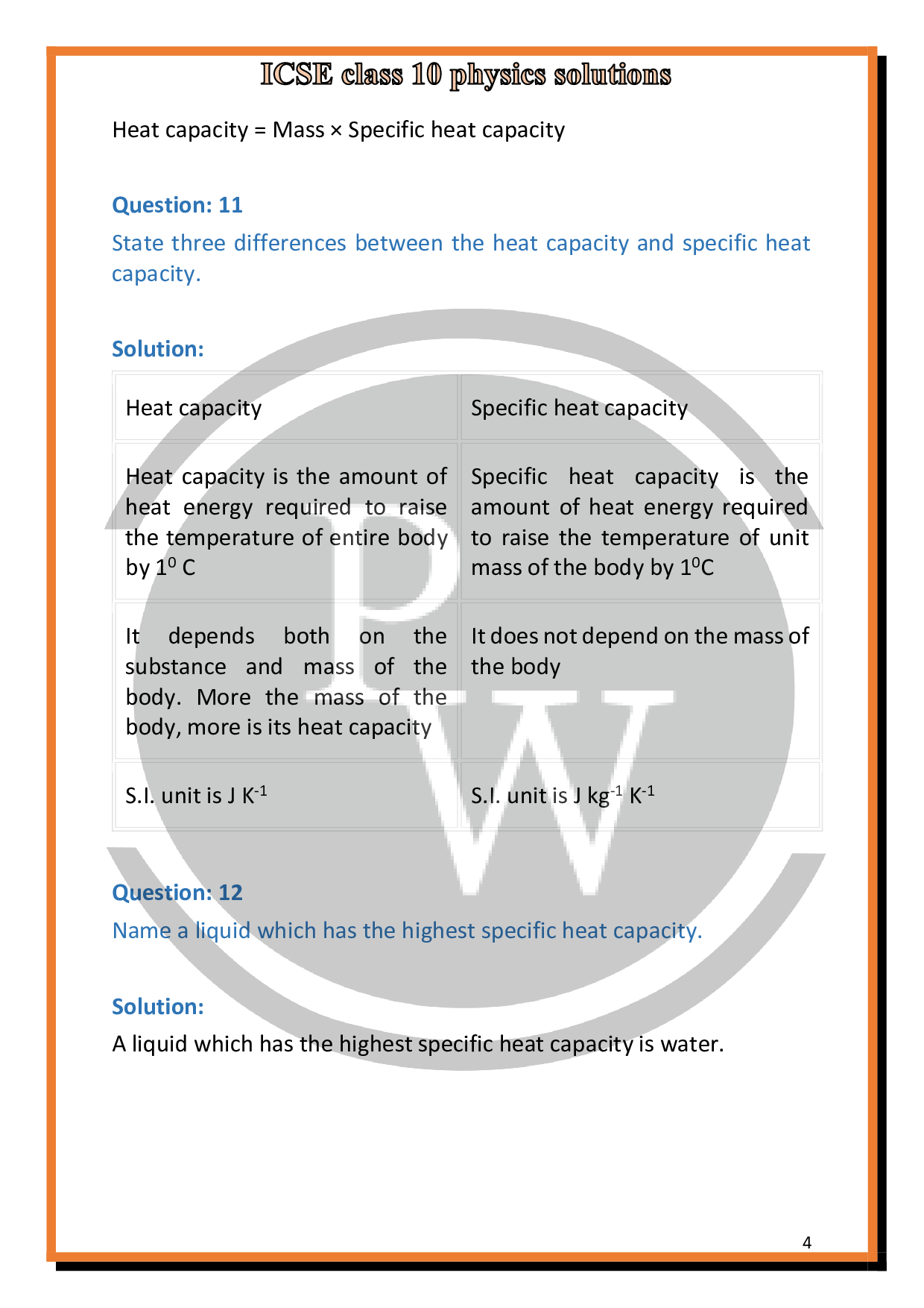 Solutions of Chapter11 Calorimetry of ICSE Class 10 Physics PW
